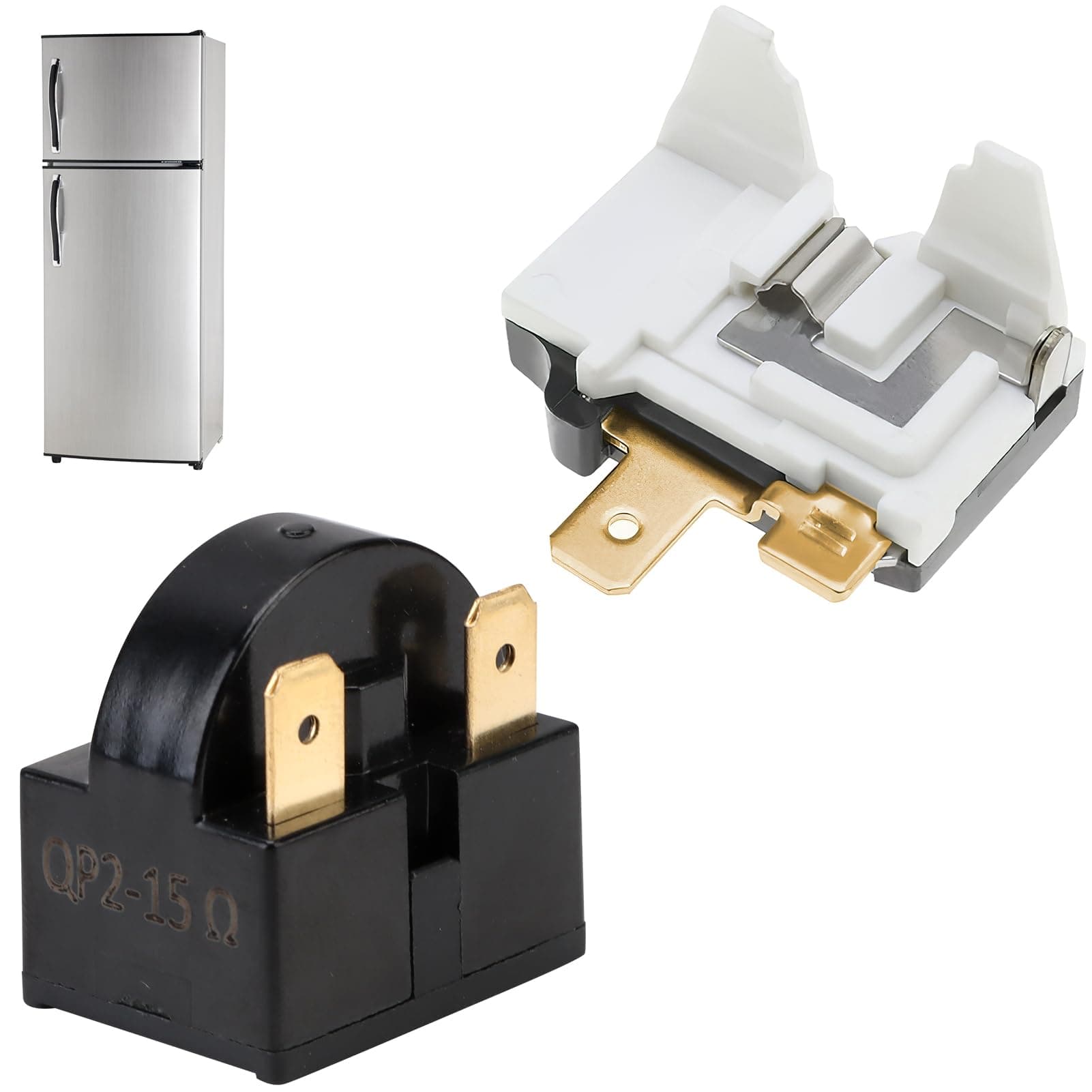 PTC Refrigerator Start Relay and Overload Protector Kit, QP2-15 3 Pin 15 Ohm Starter and Fridges Overload Protector 1/4HP Compatible with LG Refrigerator Compressor