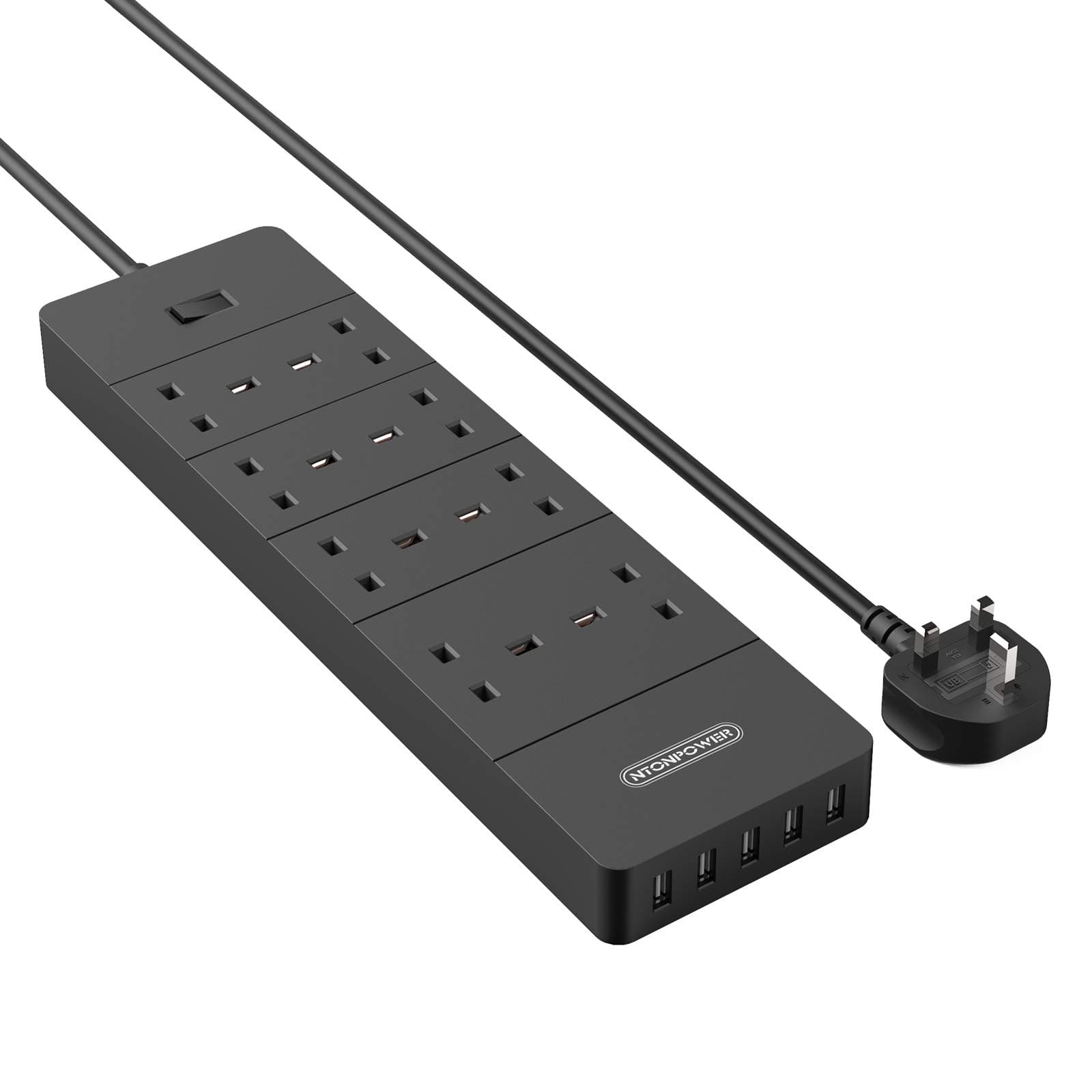Extension Lead 8 Way NTONPOWER Wall Mountable Multi Plug Extension with Superior Surge Protection and 5 USB Slots Switched 13amp Extension Lead Power Strip 4.9ft Cable- Black