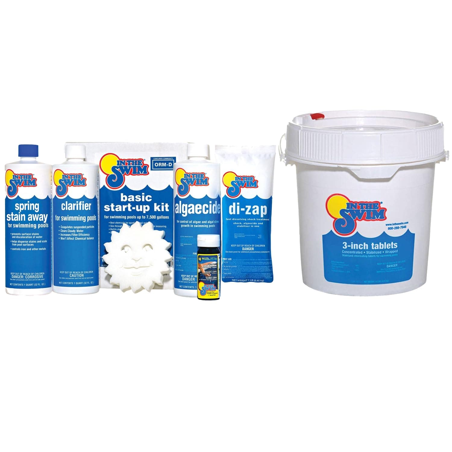 In The Swim Opening Kit and Chlorine Bundle - Pre-Measured Opening Kit for Easy Use - 10 Pound Bucket of 3-Inch Stabilized Chlorine Tablets - Inground and Above Ground Pools Up to 7,500 Gallons