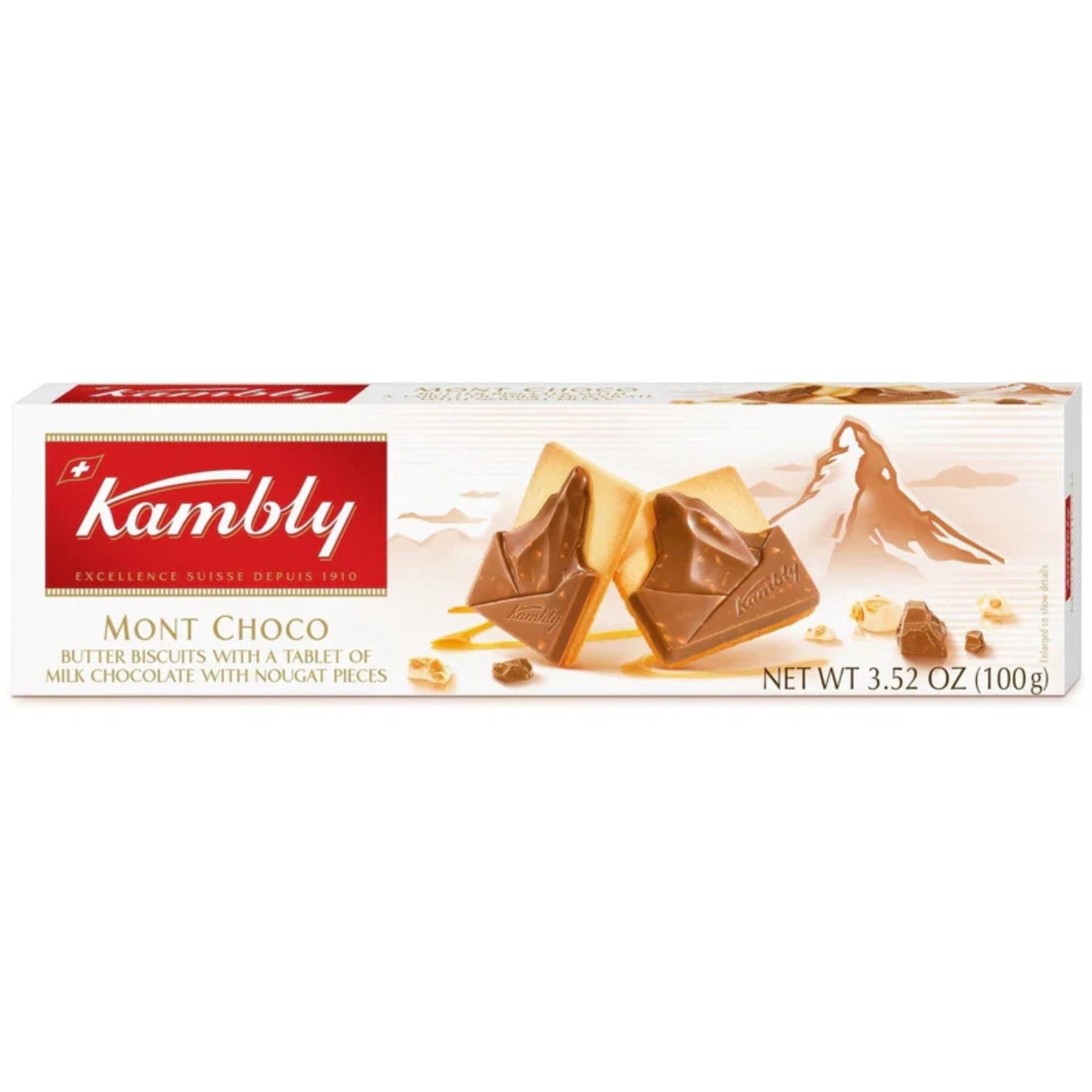 Kambly Mont Choco Biscuits, 3.5 oz | Butter Biscuits with a Tablet of Milk Chocolate with Nougat Pieces | Product of Switzerland