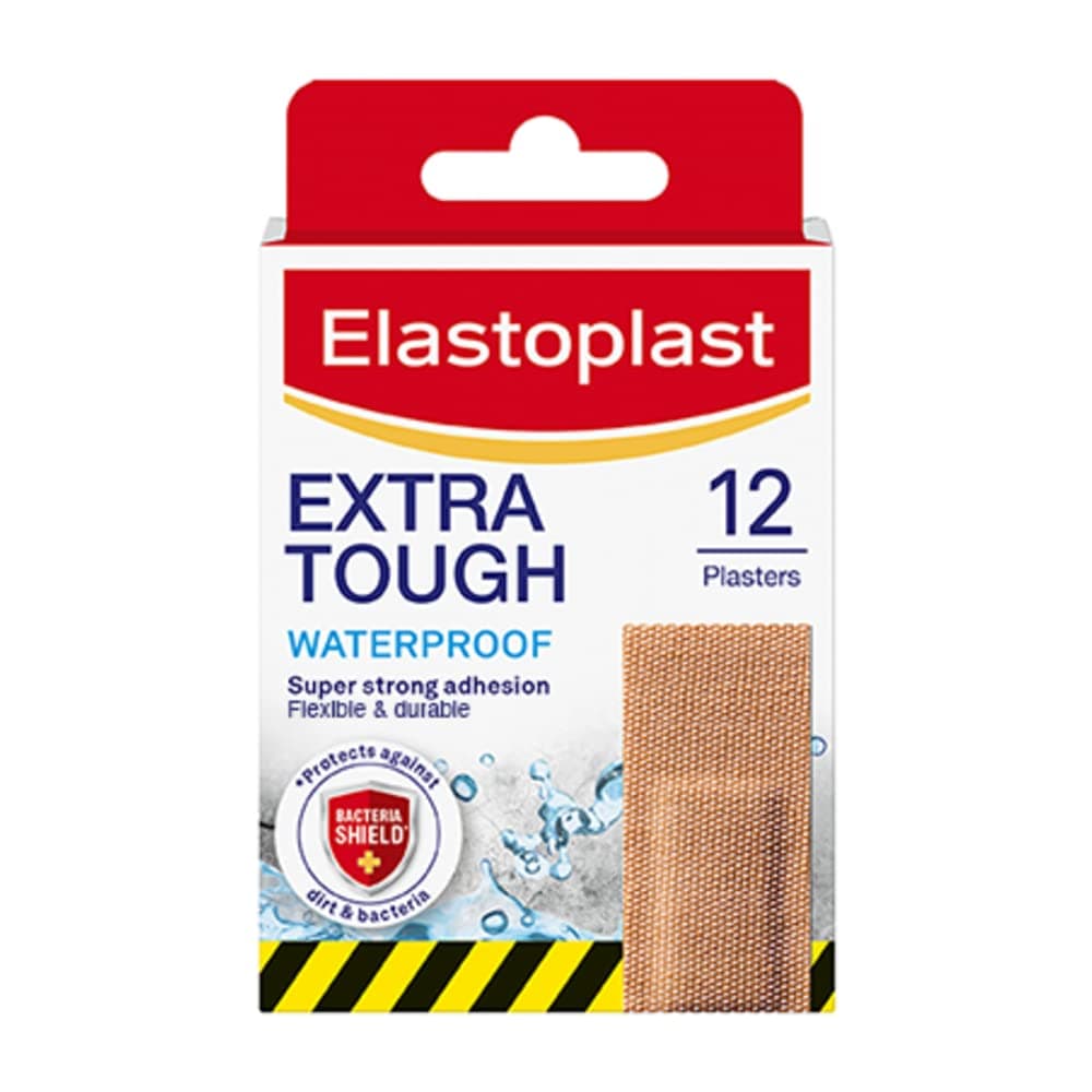 Elastoplast Extra Tough Waterproof Fabric Plaster Strips 1 Pack (12 Strips Per Pack) Tough and Durable Fabric Plasters, Breathable, Strong Adhesion, Waterproof Technology, Tan
