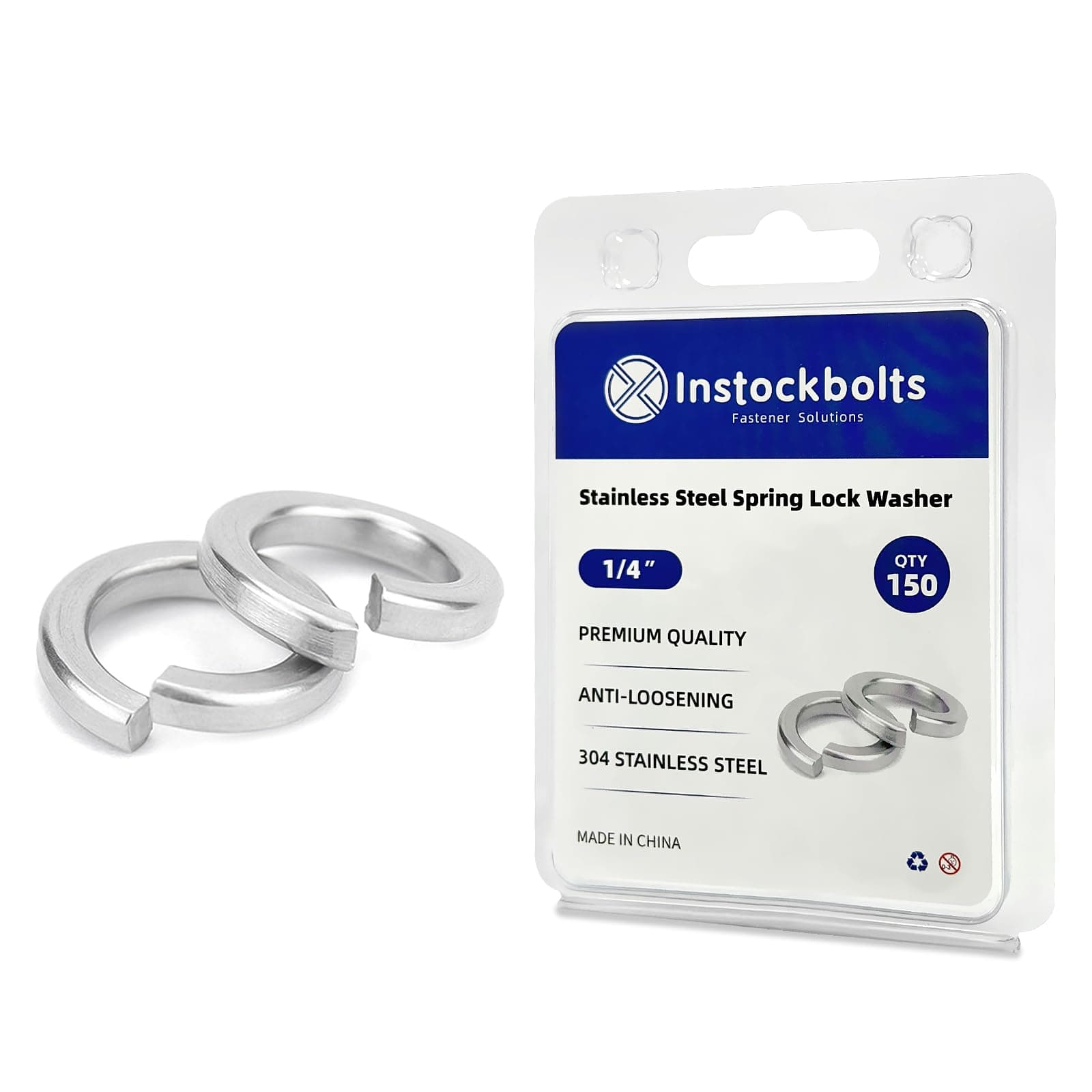 Instockbolt 1/4" Split Lock Washer, 18-8 (304) Stainless Steel Spring Lock Washer 150PCS