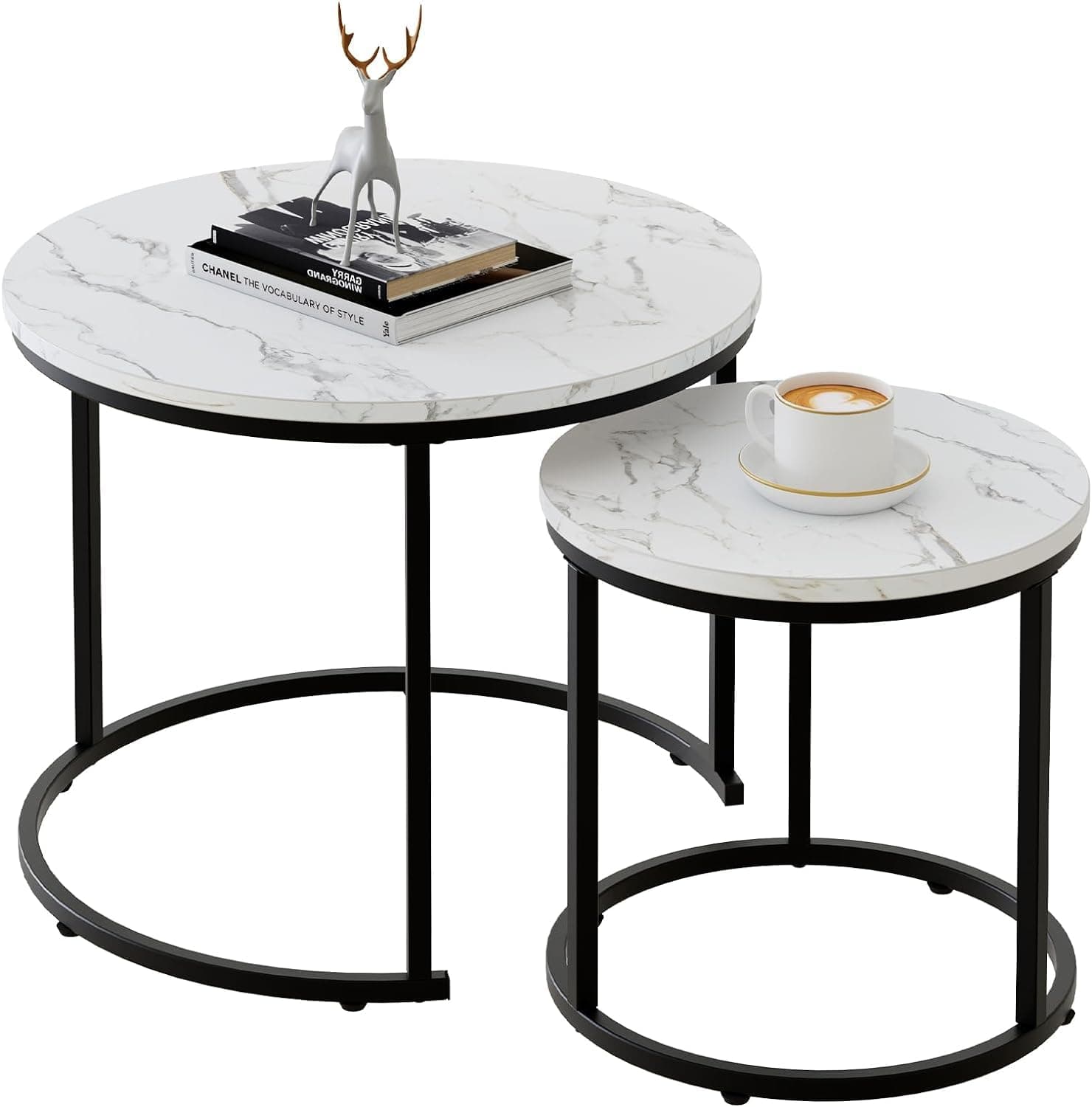 Round Coffee Tables, Set of 2 End Table, Nesting Tables, Side Table with Metal Frame for Living Room/Bedroom/Balcony/Office/Apartment, Diameter 23.6/15.7 IN (Black Frame, White Wood Marble Finish Top)