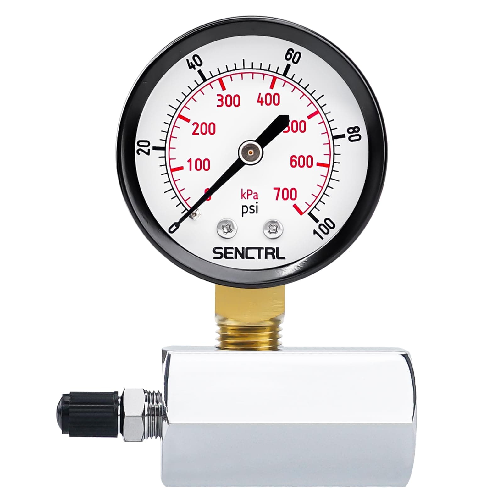 SENCTRL 0-100 Psi Gas Pressure Test Gauge, 2" Dial Size, 3/4" FNPT Connection, Brass Valve, Chrome Plated Steel Body Assembly