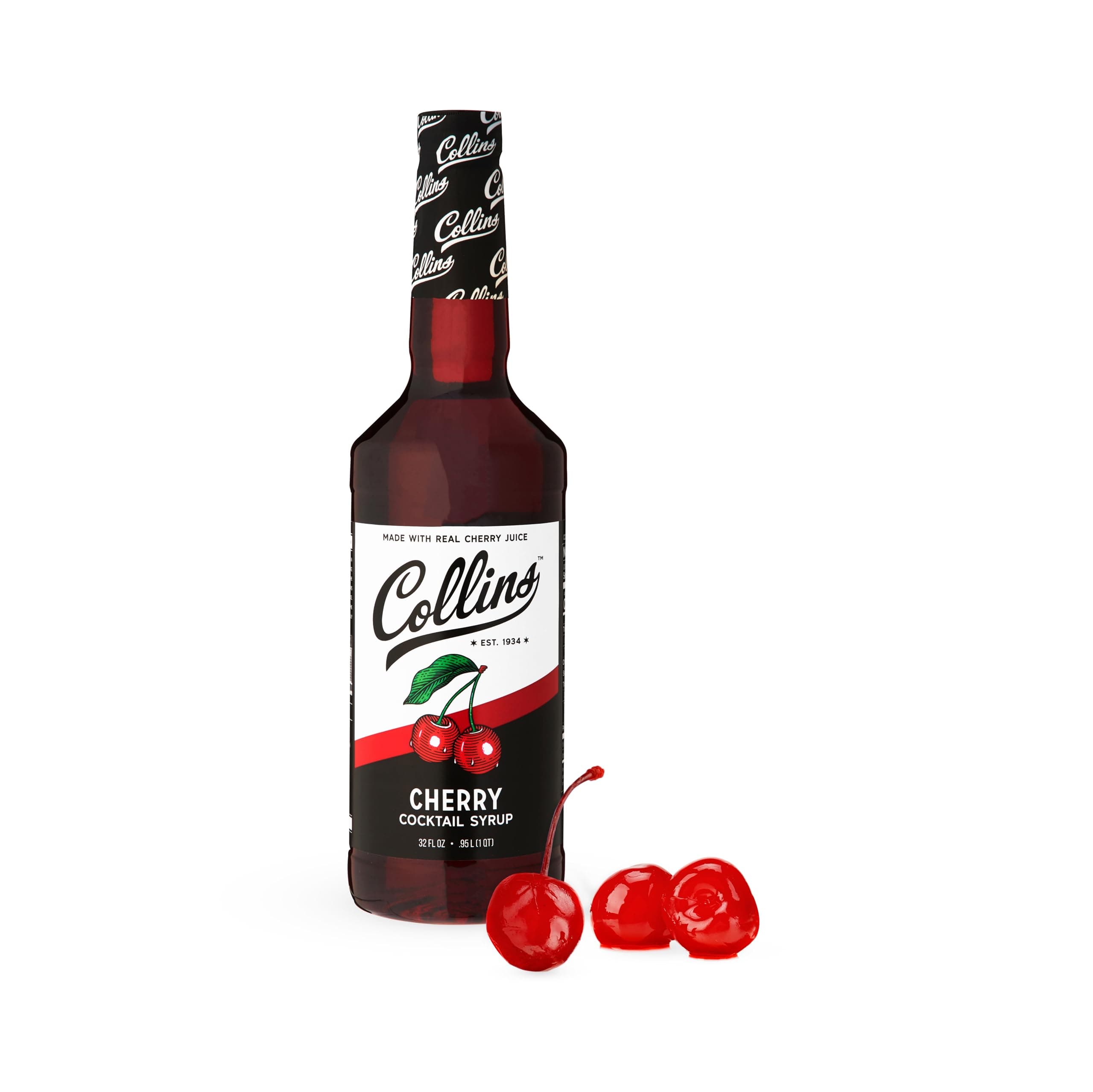 Collins Cherry Syrup with Real Sugar, Maraschino Drink Flavoring Syrups for Cocktails, Dirty Soda, Smoothie, Lemonade, Cocktail Mixers, 32 oz Set of 1