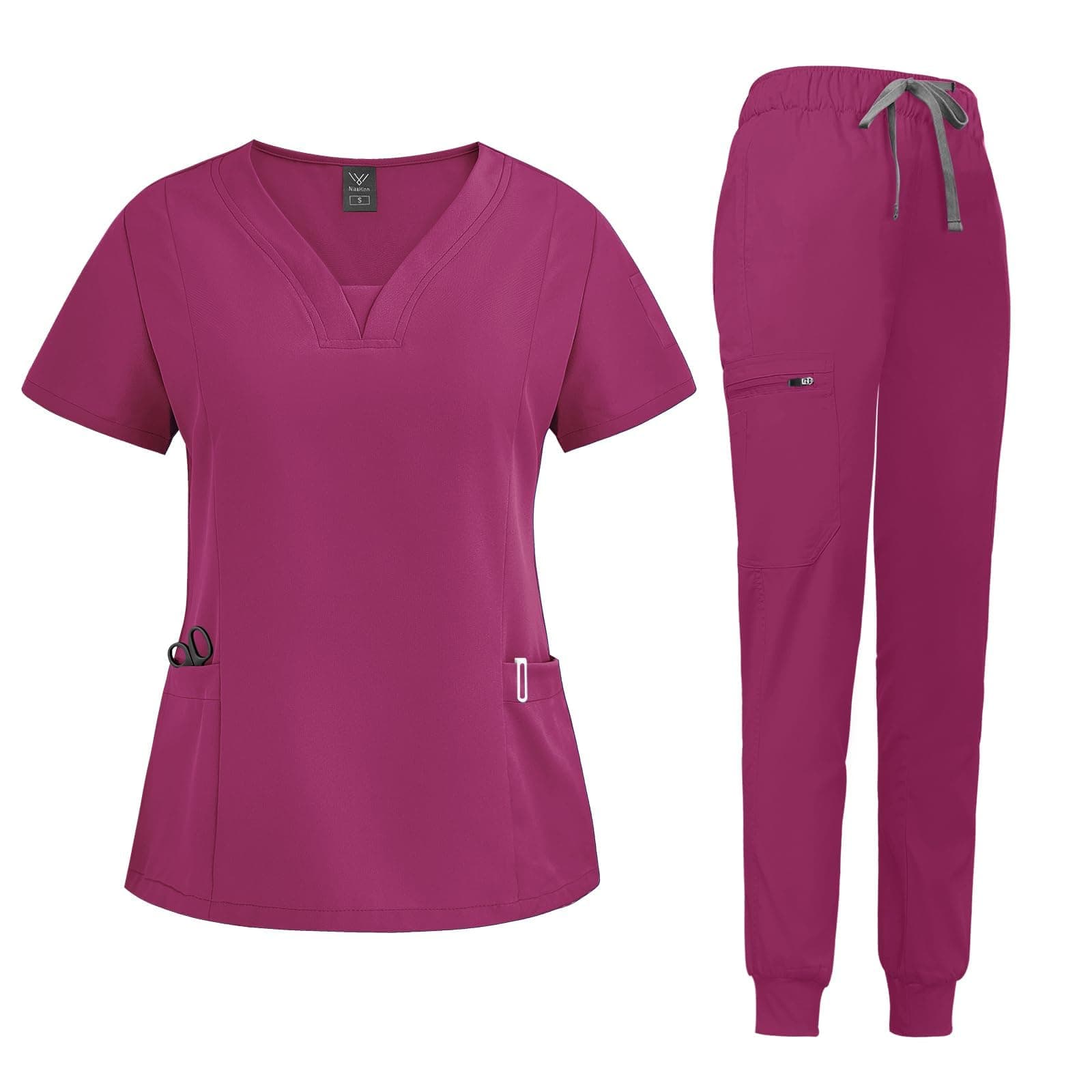 niaahinn Scrub Suit Set for Women Modern V-neck Top & Tapered Leg Jogger Pants with Drawstring Medical Nursing Uniforms Set