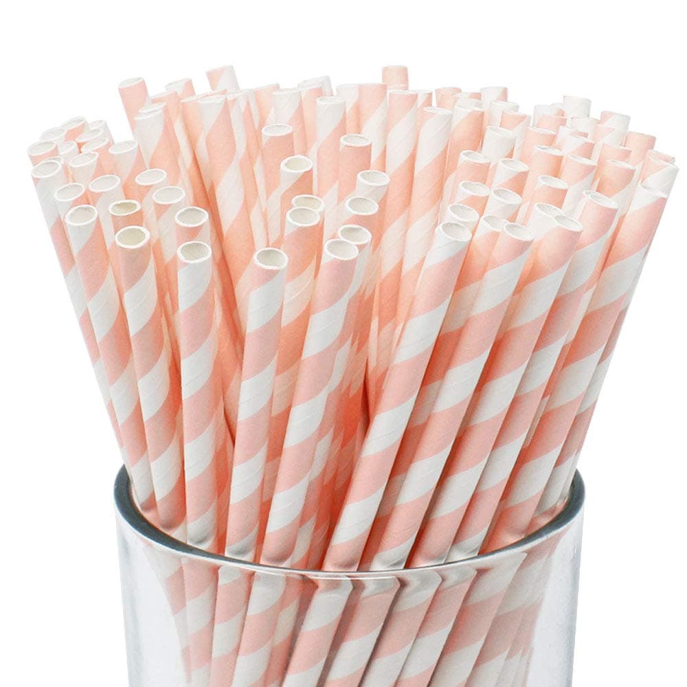 Just Artifacts Decorative Paper Straws 100pcs - Striped Pattern - Light Pink - Click for More Colors! Paper Straws and Décor for Birthdays, Weddings, Baby Showers and Life Celebrations!