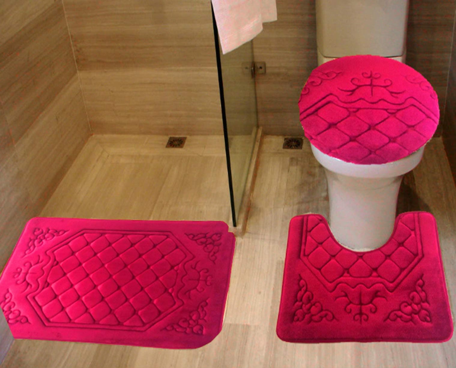All American Collection 3PC Memory Foam Bath Mats Soft Plush Crown Design Anti-Slip Shower Bathroom Contour Toilet Lid Cover Rugs (HOT Pink)
