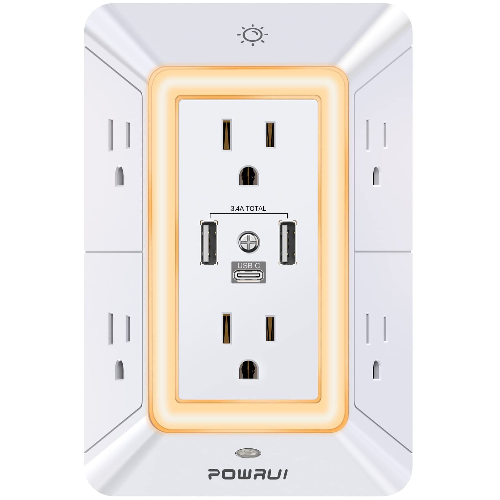 POWRUI Multi Plug 6 Outlet Surge Protector Extender with 3 USB Ports (1 USB C) and Night Light, 3-Sided Power Strip with Adapter Spaced Outlets, ETL Listed, White
