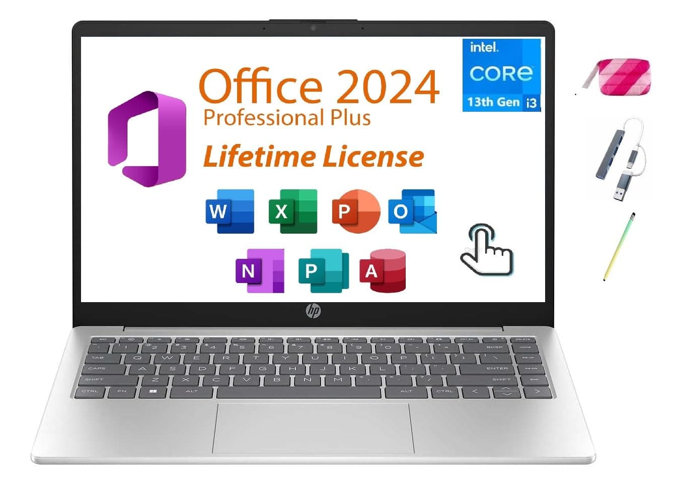 15.6" Touchscreen Laptop, Intel 13th Core i3-1315U, Webcam Ai Copilot, Long Battery Life, Type C, Windows 11 Pro, W/BTP Bundle, Lifetime Office 2024 Included (8GB RAM | 512GB PCIe SSD)