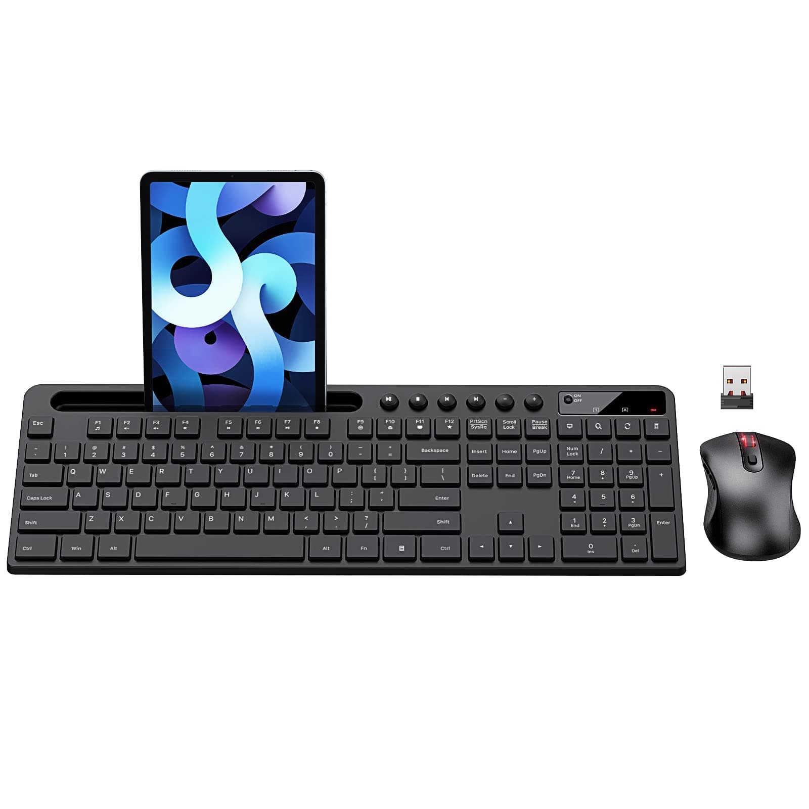 MARVO - Wireless Keyboard and Mouse Combo, 2.4G Wireless Ergonomic Keyboard with Phone and Tablet Holder, Silent Mouse with 6 Buttons, Compatible with MacBook, Windows (Black)