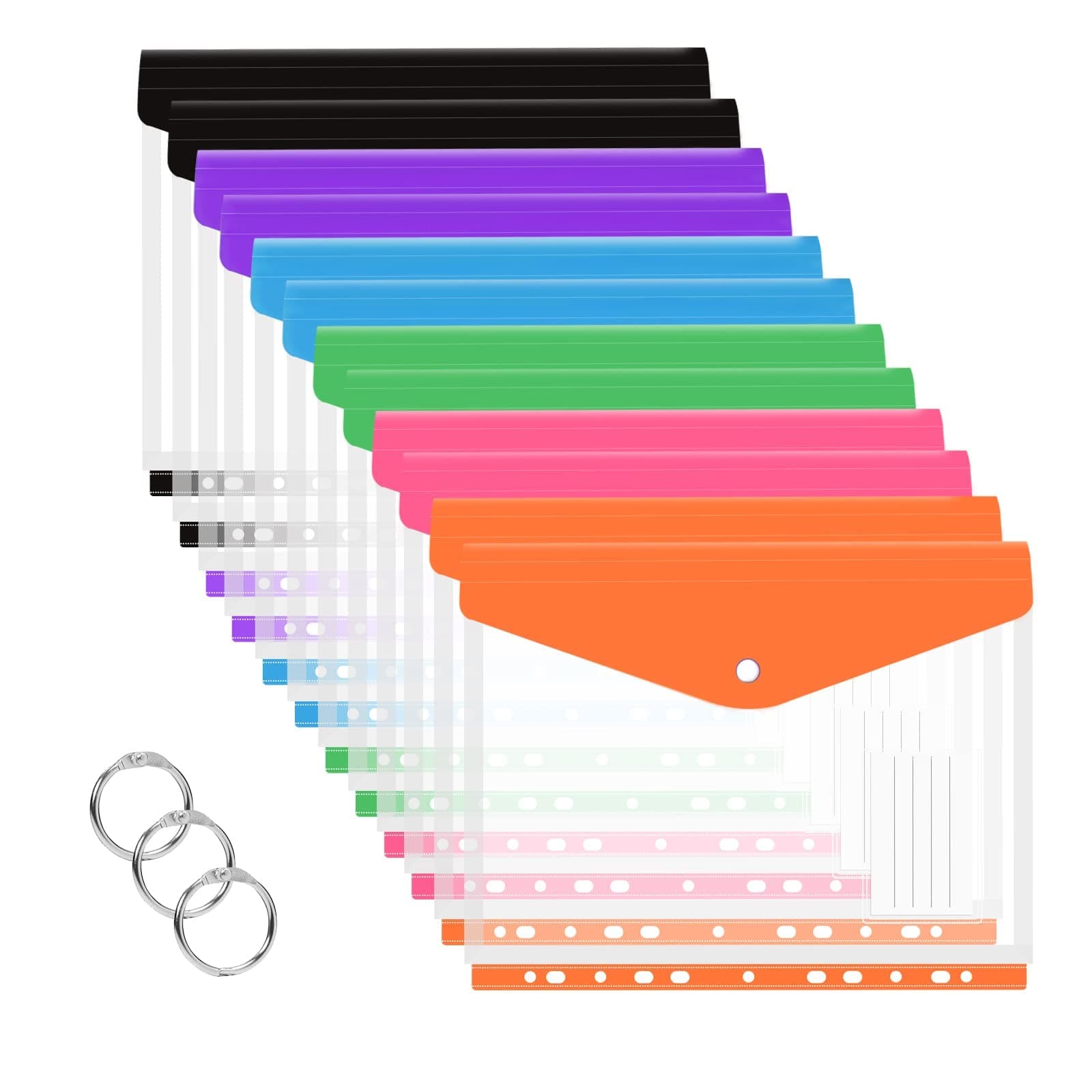 Expandable Binder Pocket, 12 Pack A4 Clear Plastic Envelopes, with 11 Holes, for Ring Binder Folder, Snap Button and Label Envelopes, for Home and Office Organization