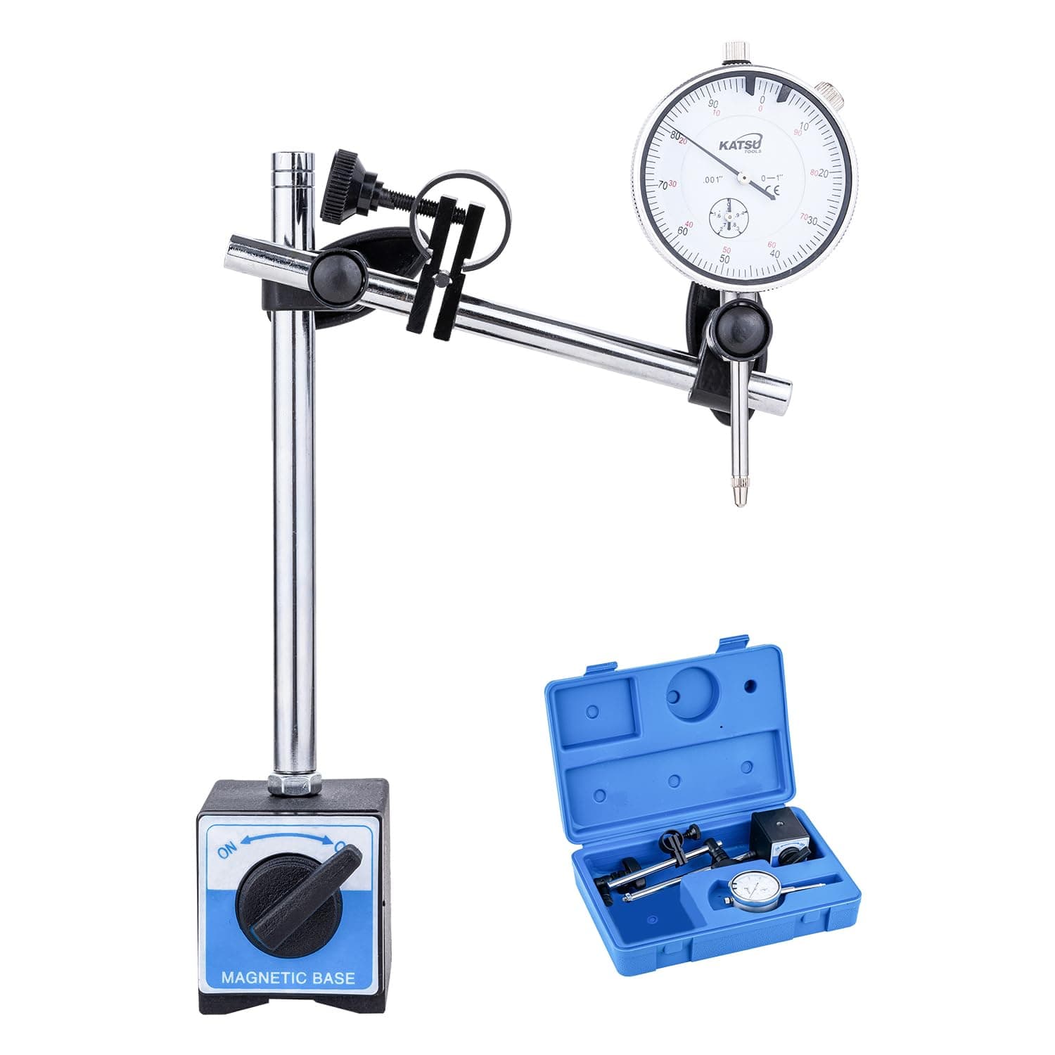 KATSU Tools Dial Indicator with Magnetic Base 0-1.0" Tester Gauge 0.001" Precision, Fine Adjustment, Professional Measuring Toolkit in Storage Case 401112