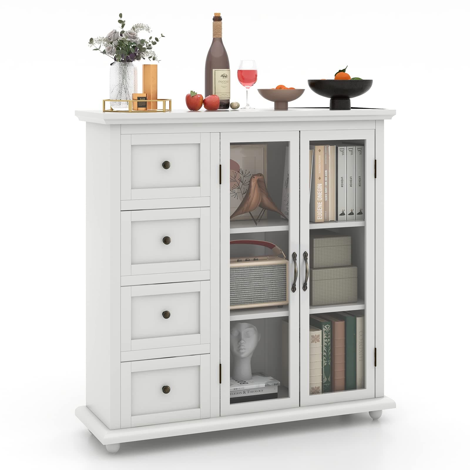 COSTWAY Buffet Sideboard Storage Cabinet, Console Table with 4 Drawers, 2-Glass Door, for Kitchen Dining Room, Entryway, Kitchen Pantry, Buffet Server (White)