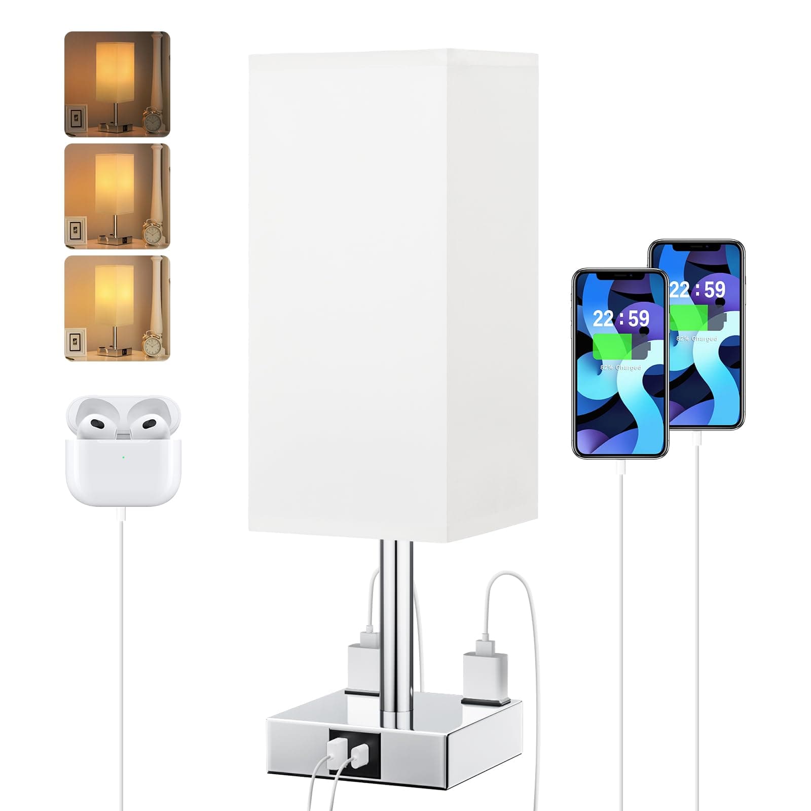 Touch Bedside Table Lamp for Nightstand - 3-Way Dimmable Night Lamp with USB A + Type C Charging Ports and Two AC Outlets, Small Desk Light with E26 LED Bulb for Bedroom Living Room Dorm Office,White