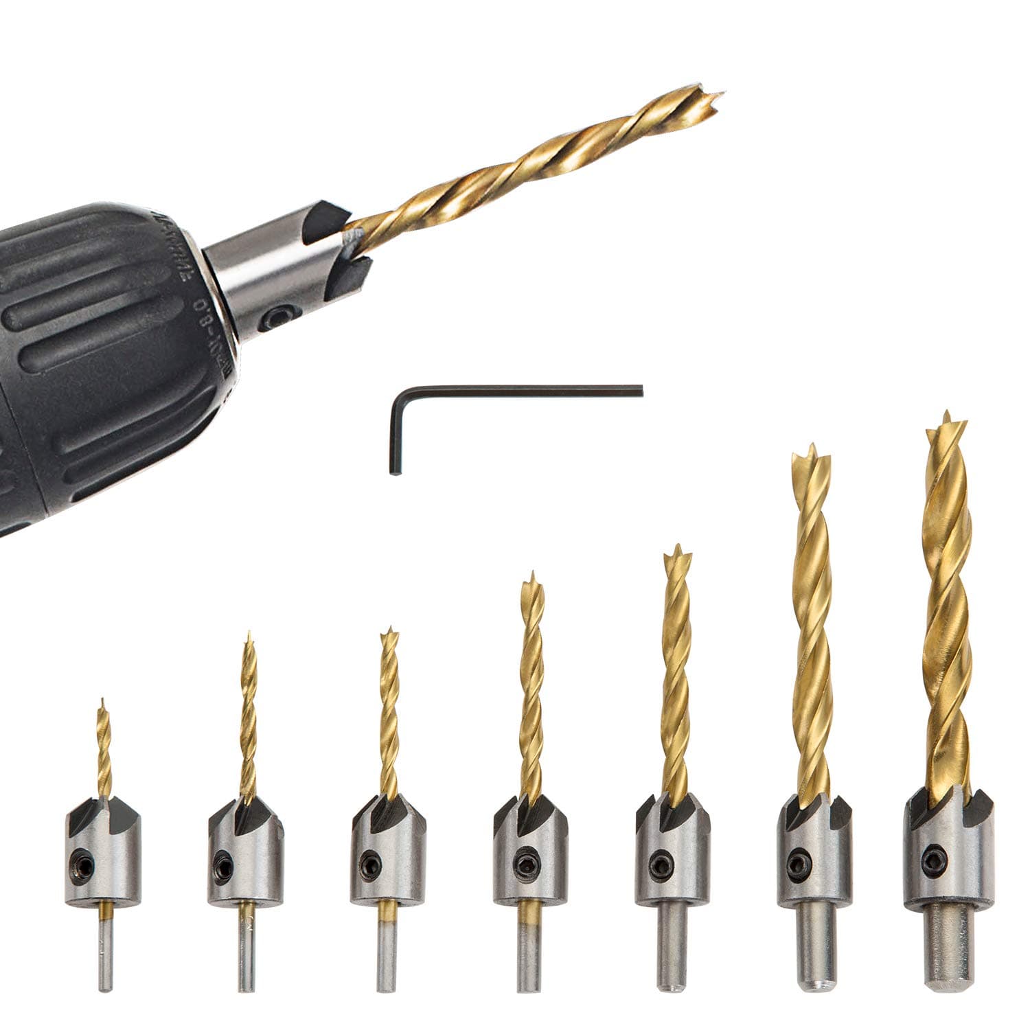 Countersink Drill Bit Set 8 Pieces Three Pointed High Speed Steel Drill with One L-Wrench for Wood Drilling or Woodworking Chamfer