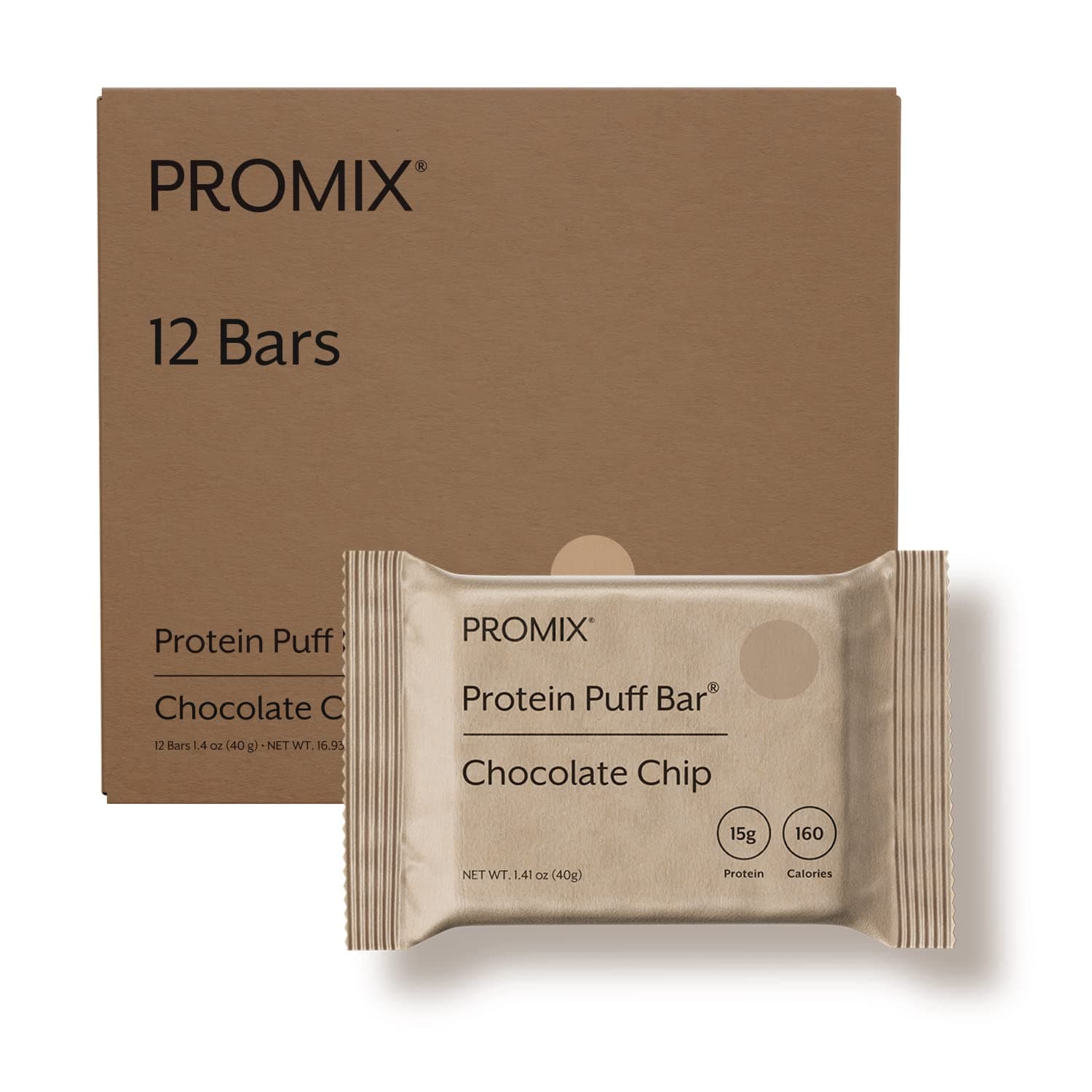 Promix Whey Protein Isolate Puff Bar, Chocolate Chip, 12 Count, 16.9oz | 15g Protein, 150 Calories each|Low Carb Healthy Snack with Egg Whites | All Natural, Grass Fed,Gluten, Low Sugar, Soy