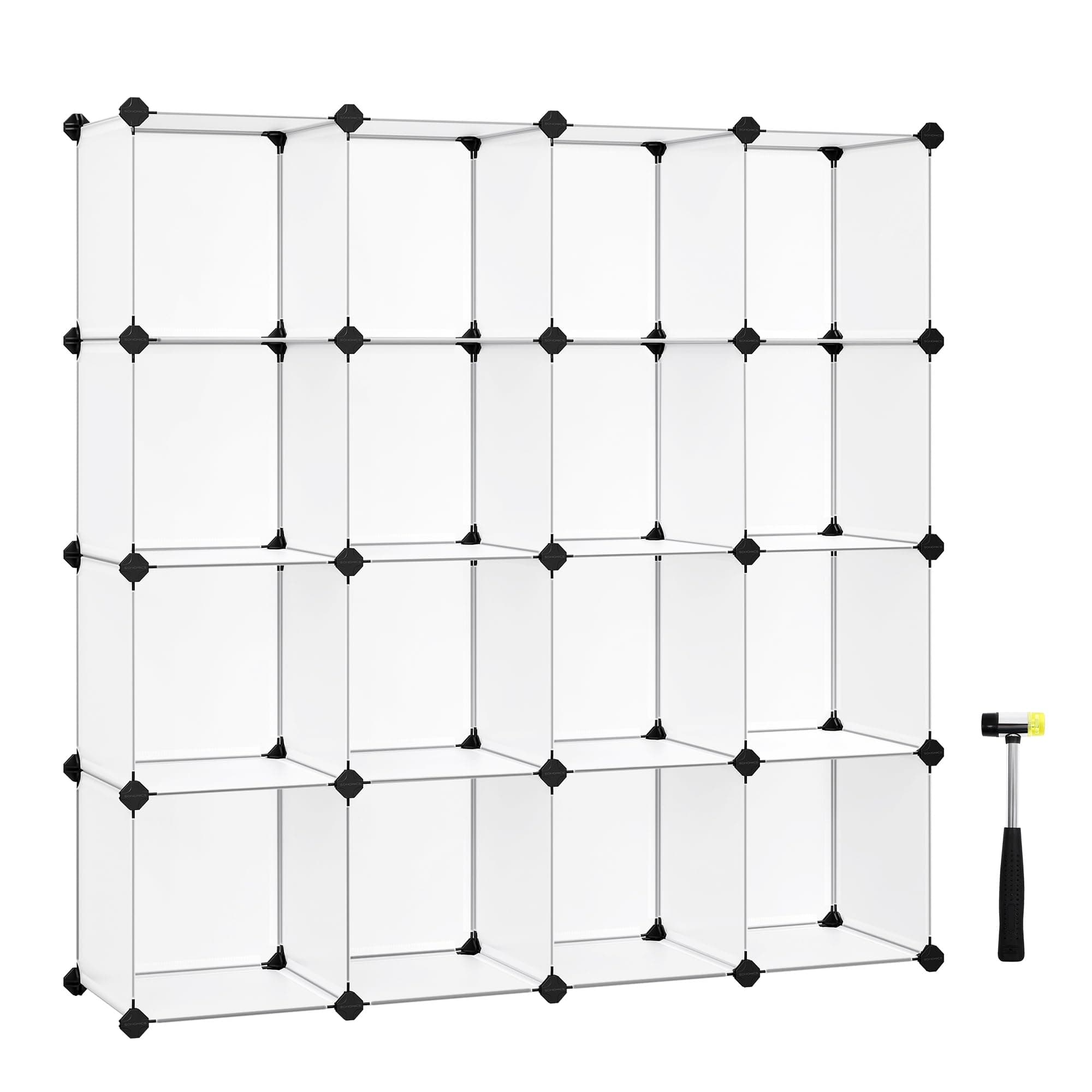 SONGMICS 16 Storage Unit, Shoe Rack, DIY Shelving System, Stackable Cubes, PP Plastic Shelf, Wardrobe, Closet Divider, for Bedroom, Office, White, 153 x 31 x 153 cm