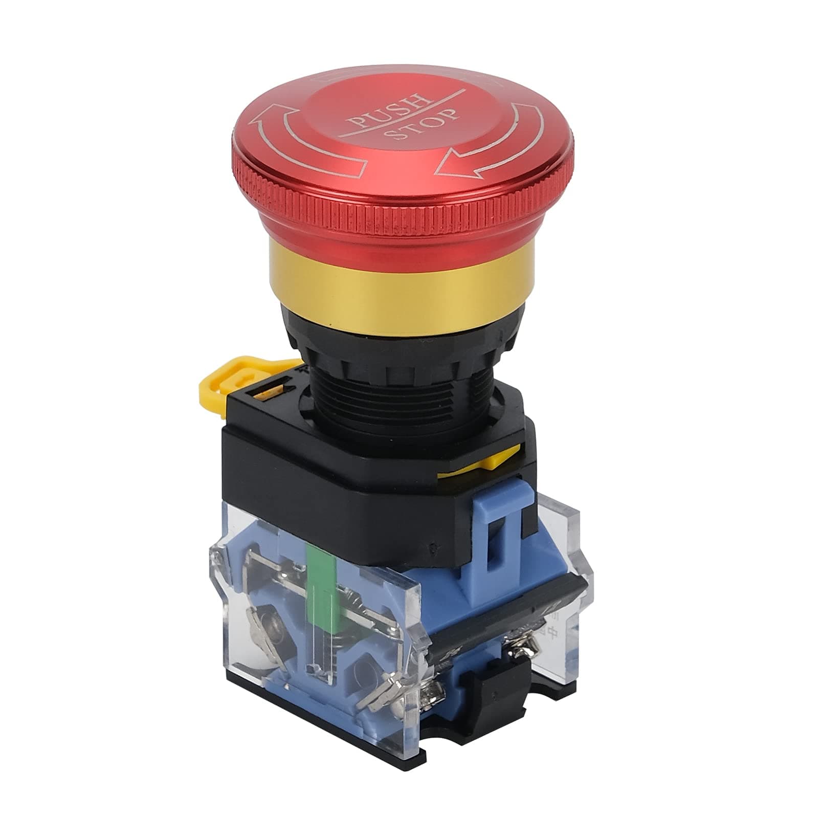 Emergency Stop Button 10 Amp 22mm Latching Push Button Switch, Aluminum Alloy Round Emergency Stop Switch, IP65 Waterproof Self-Locking E Stop Emergency Shut Off Switch, 1NO 1NC 12-250V (Type A)