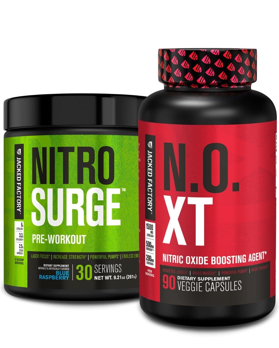 Nitrosurge Pre-Workout in Blue Raspberry & N.O. XT Nitric Oxide Booster for Men & Women