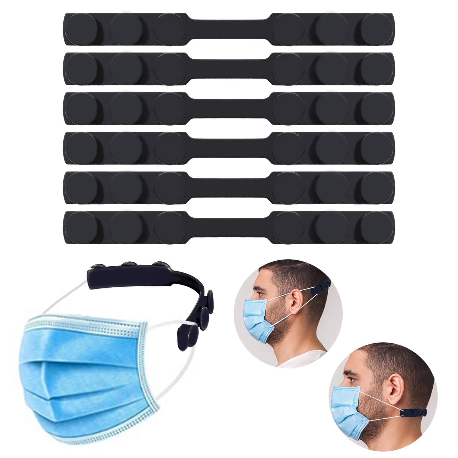 Mask Extender， Silicone Extending Hook Belt Ear Strap Hook Mask Hook, Adjustable Anti-Slip Mask Holder for Relieve Long-time Wearing Ears' Pressure & Pain(6PCS) (Black)