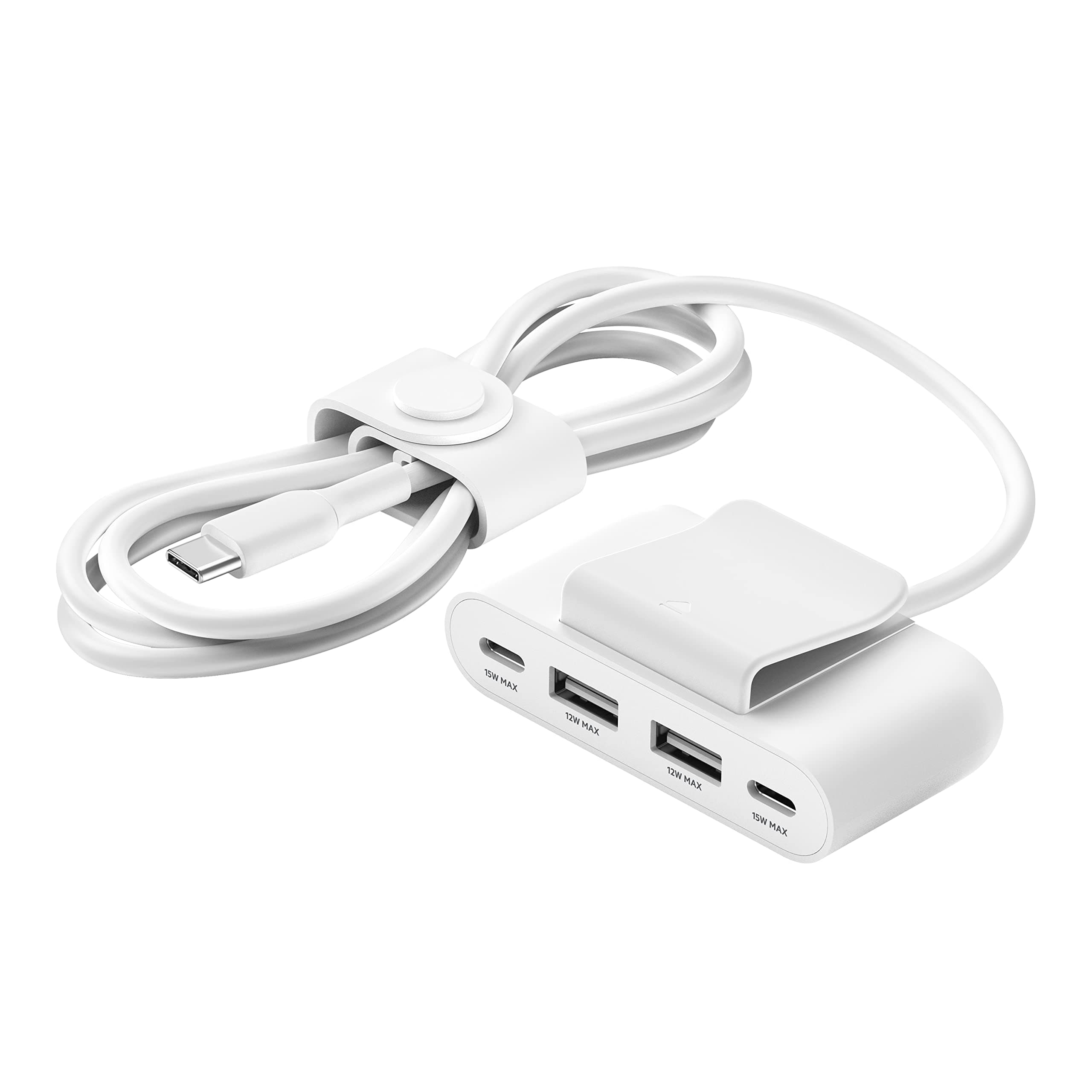 4-Port USB Power Extender with built in 2m Cable, 2 USB-C & 2 USB-A Ports, USB Adapter with 30W Output, Fast Charging for iPhone 14 & Samsung Galaxy S23, Eco-Friendly Design & Detachable Clip