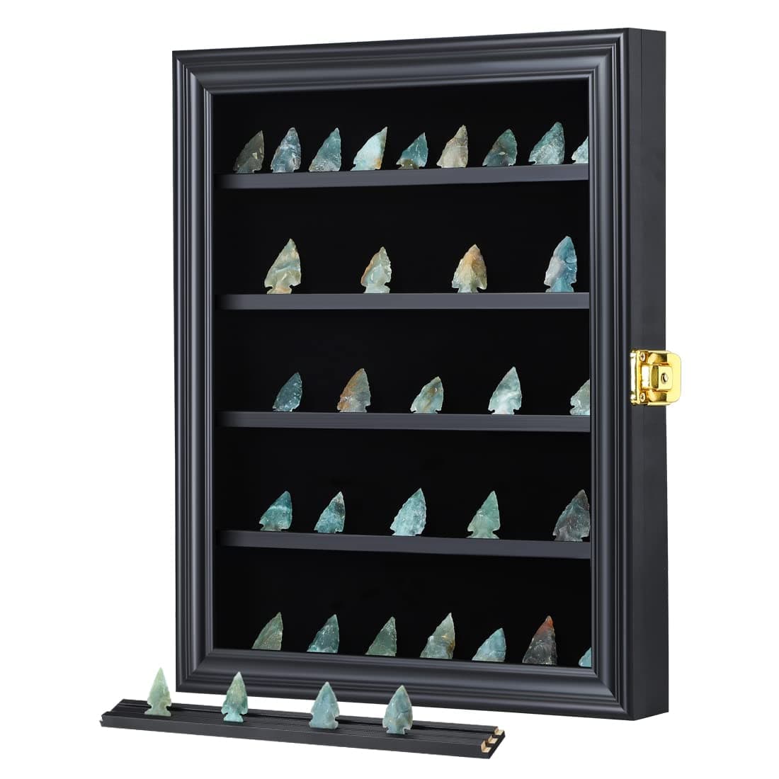 KCRasan Arrowhead Display Case Native American Arrowhead Shadow Box Wall Mount Arrowhead Collection Display Cabinet for Agate Opal Crystal Stone Arrowheads Spear Points Black Small