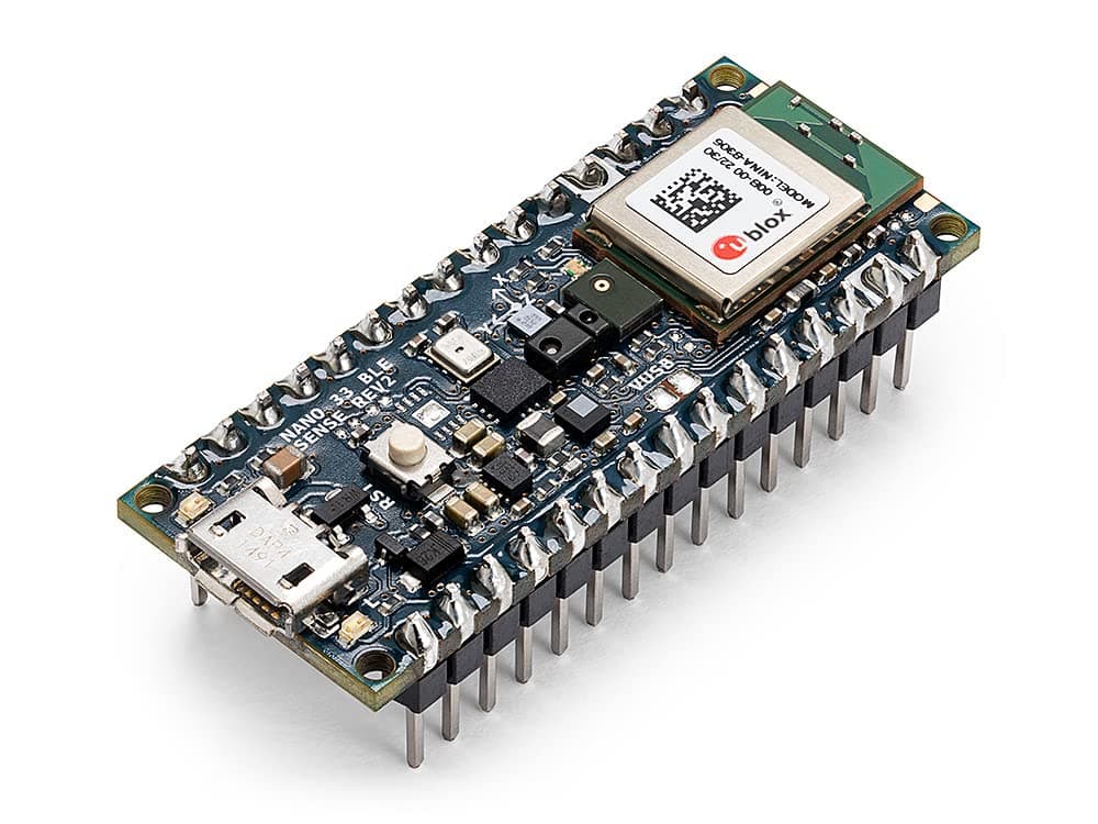 Nano 33 BLE Sense Rev2 with Headers [ABX00070] - AI Microcontroller with Sensors, Bluetooth, for Wearables, Gesture & Voice Recognition