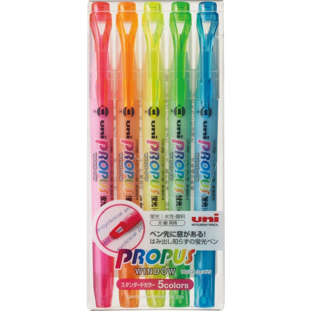 ball Uni Propus Window Double-Sided Highlighter Pen with 4.0 mm/0.6 mm Twin Tip, 5 Color Set (PUS102T5C)