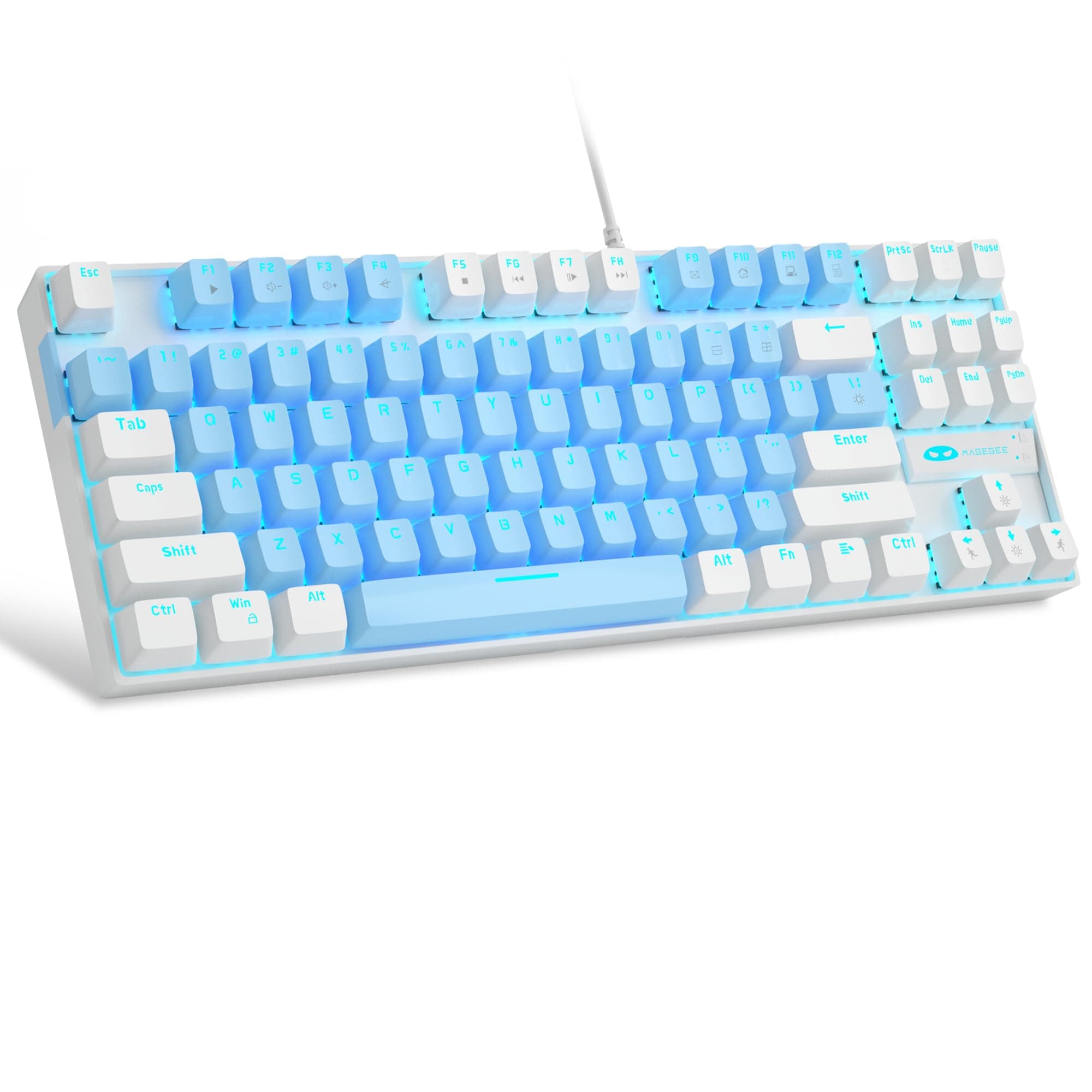 MageGee 75% Mechanical Gaming Keyboard, Blue Switch, LED Blue Backlit, 87 Keys Compact TKL Wired Keyboards for Windows Laptop PC Gamer - Blue/White