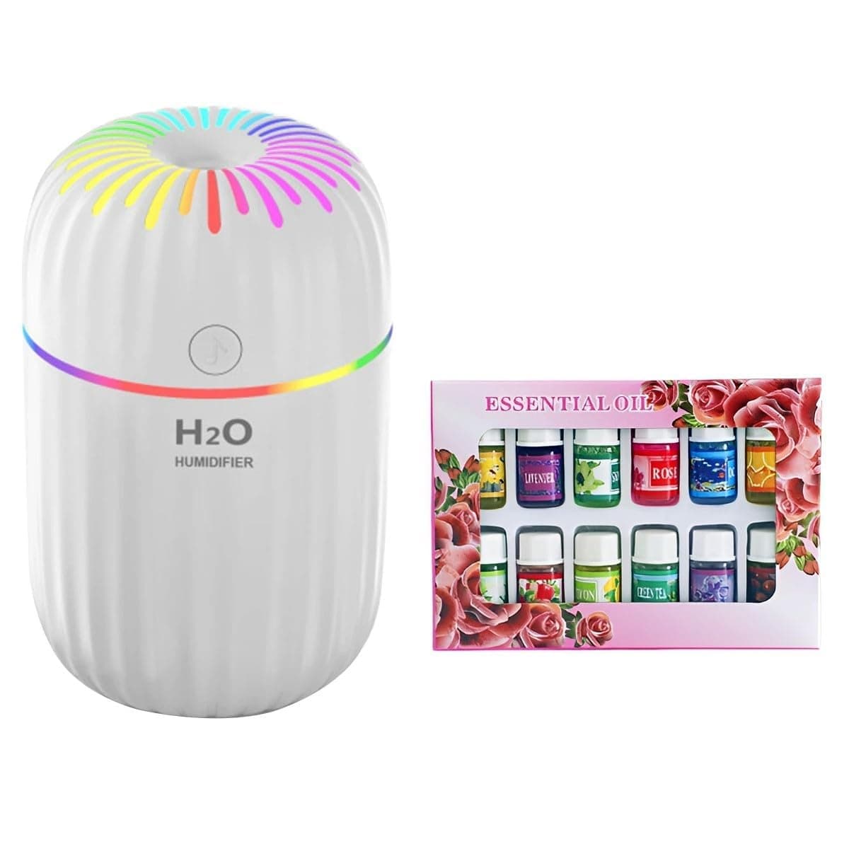 RavSo3-in-1 USB Powered Cute Cat Styled Small Cool Mist Air Humidifier Ultrasonic Aroma Diffuser & Set of 12 Water-Soluble Plant Essential Oils Colorful Night Light with 2 Modes (A7 White)