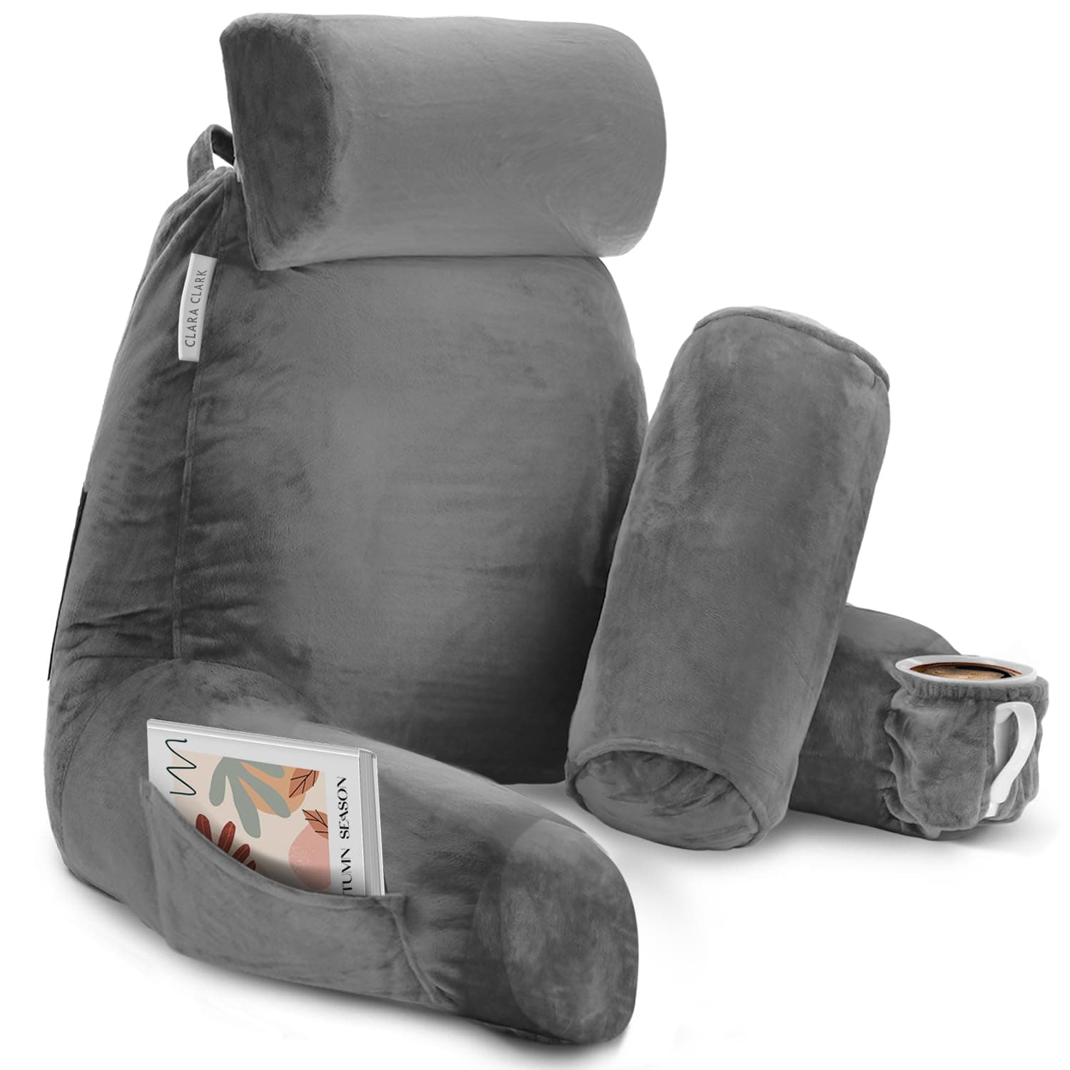 Clara Clark Reading Pillow with Shredded Memory Foam Includes 2 Neck and Lumber Support Pillows, Designed for Sitting Up in Bed and Couch, Back and Arms Adjustable Support for Adults & Teens, Grey