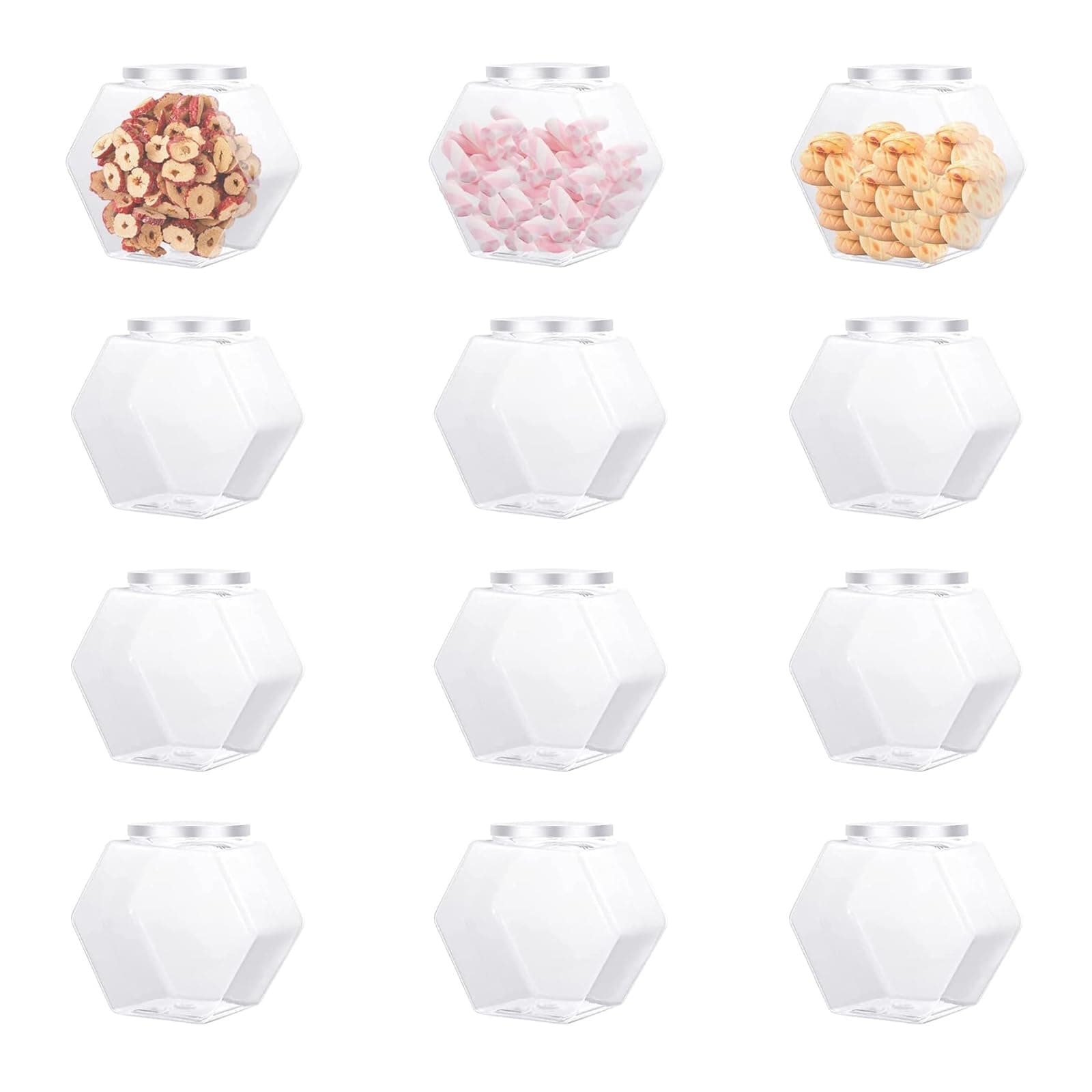 12 Pcs Hexagon Plastic Jars 30oz Clear Candy Jar Plastic Cookie Jars with Airtight Lids Wide Mouth Reusable Containers Bulk Coffee Candy Display for Dog Treat Gifts Buffet Laundry Pod
