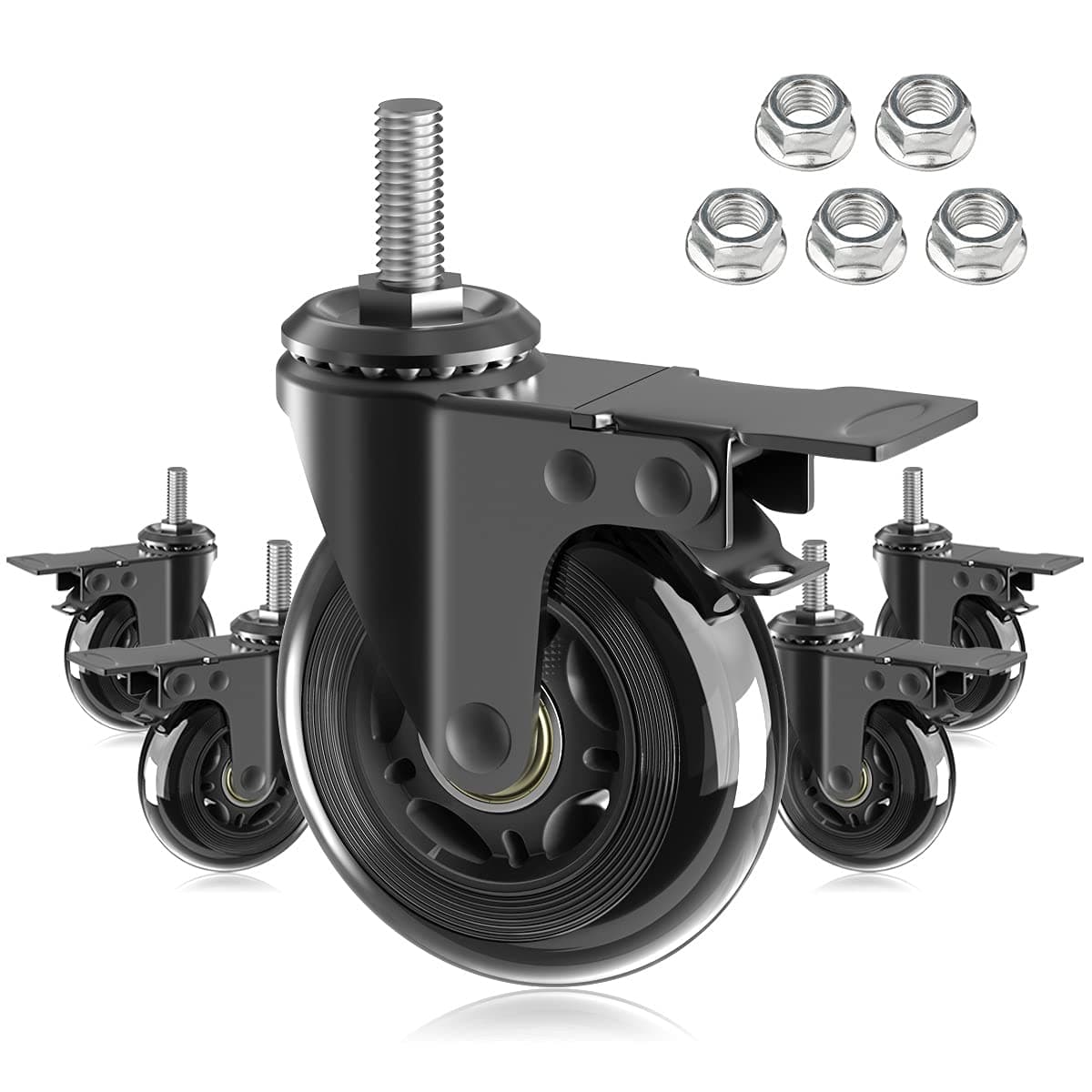 5 Pack 3" Caster Wheels with Safety Dual Locking,Heavy Duty English 3/8"-16 UNC Bolt,Rubber Castors with Brakes,Threaded Stem Mount,360 Degree Swivel,Protection of Hardwood,Carpet,Tile Floor