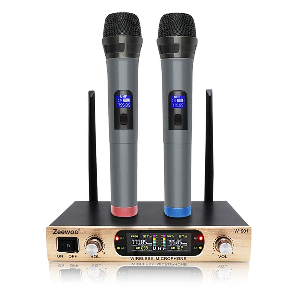 Wireless Microphone, Professional Karaoke Microphone Set System with Portable Receiver, Dual Channel with 2 Handheld Microphones, for Family Party, Church, Karaoke, Business Meeting