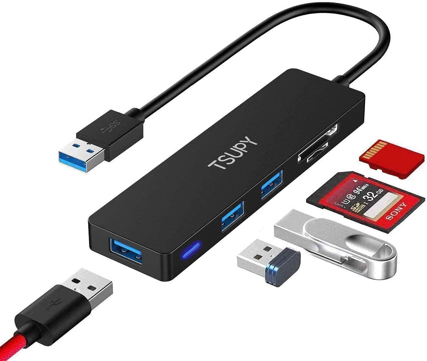 – USB Hub Card Reader, TSUPY USB 3.0 Hub, 5 in 1 Card Reader with 3*USB 3.0+1*SD+1*Micro SD, Extension Adapter for Laptop, Computer, PS4/5, USB Stick, Keyboard, Mouse etc.
