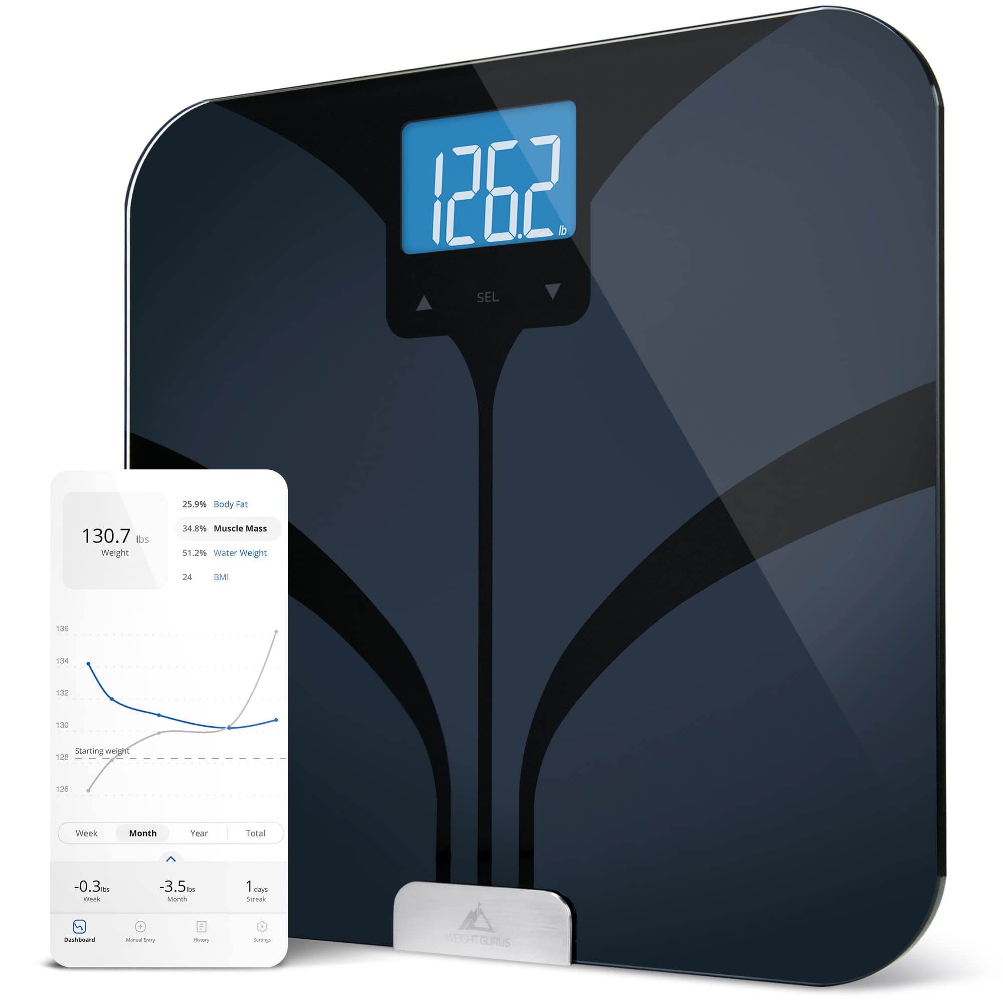 Weight Gurus Bluetooth Smart Connected Body Fat Scale with Large Backlit LCD, by Greater Goods (Black)
