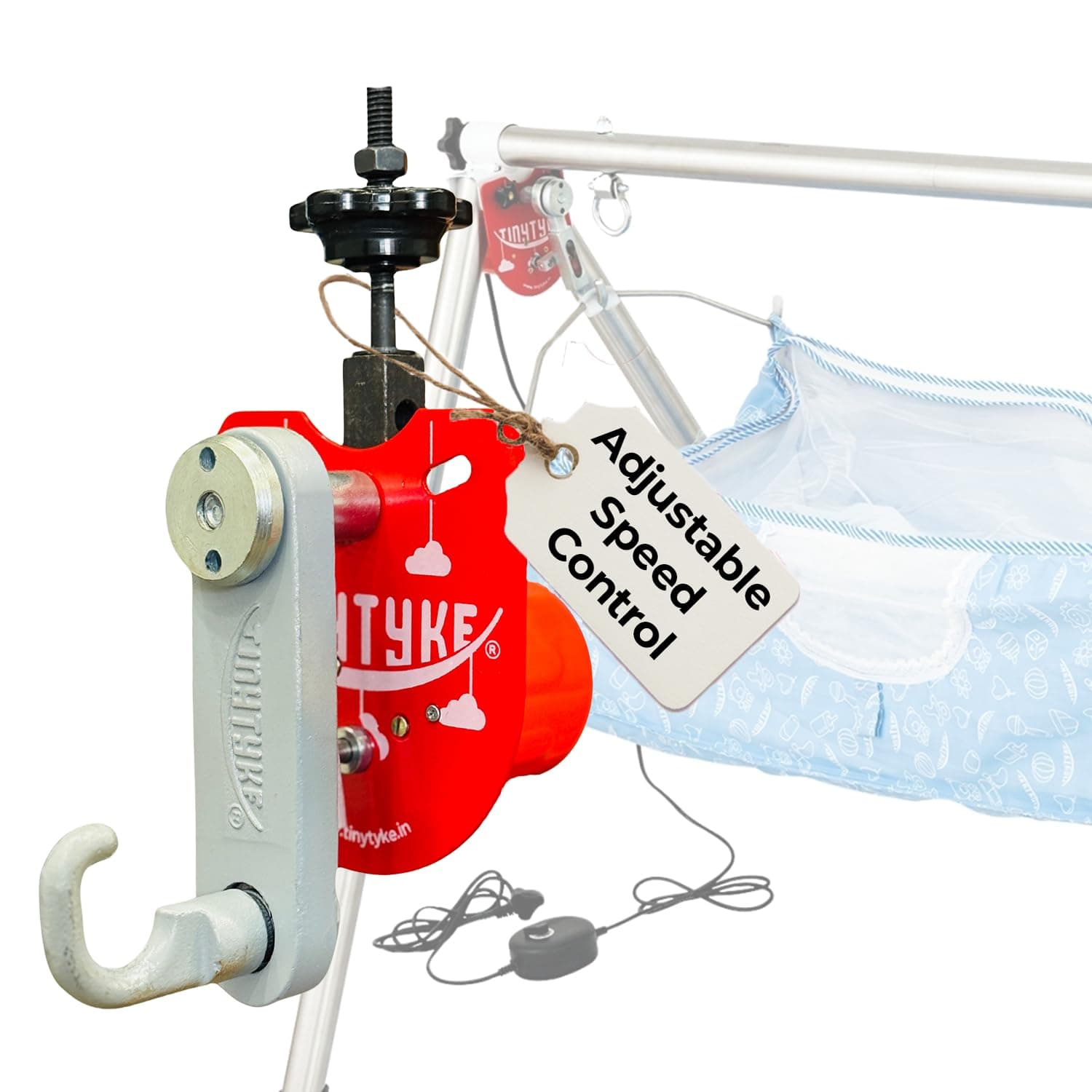 TINYTYKE Automation Kit (Cradle Not Included) w/Manual Hook - Automatic Jhula for Kids 0-3 years - Portable Automatic Cradle Kit w/ Blue Cloth - Fits Square Round Frame - Adjustable Speed - Up to 20kg
