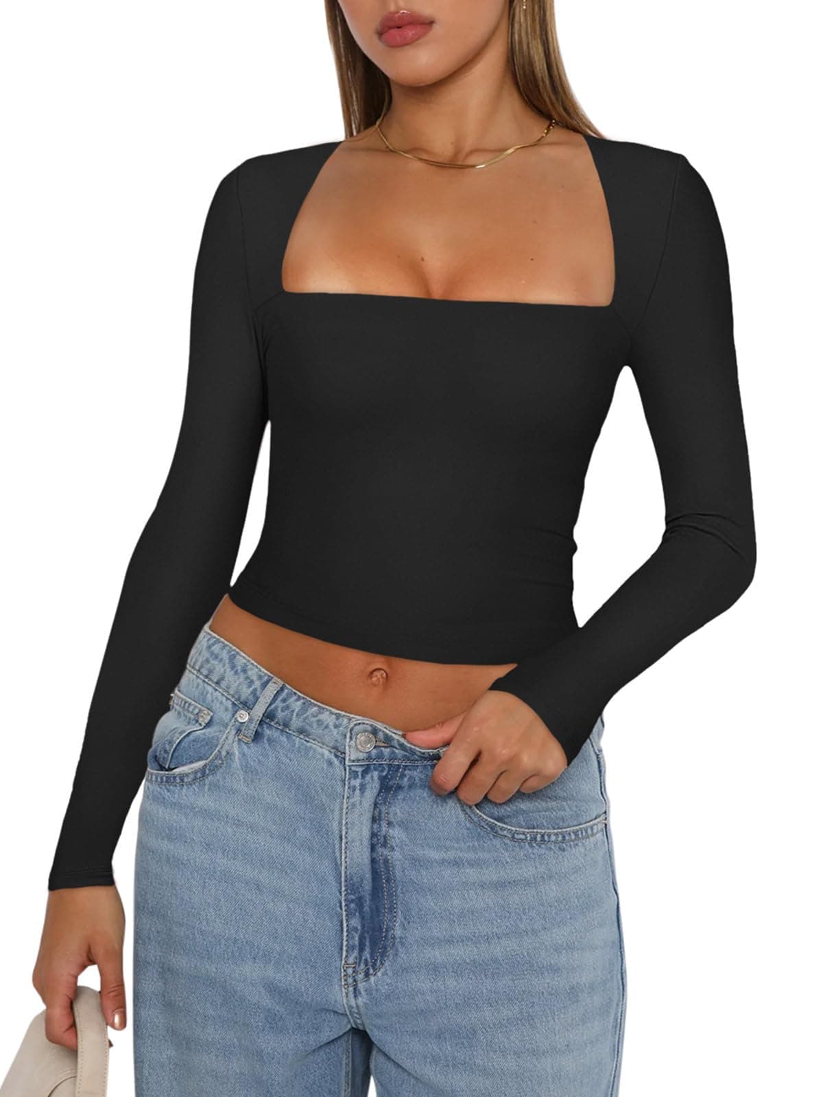 Women's Basic Sexy Square Neck Long Sleeve Y2K Going Out T Shirt Crop Top
