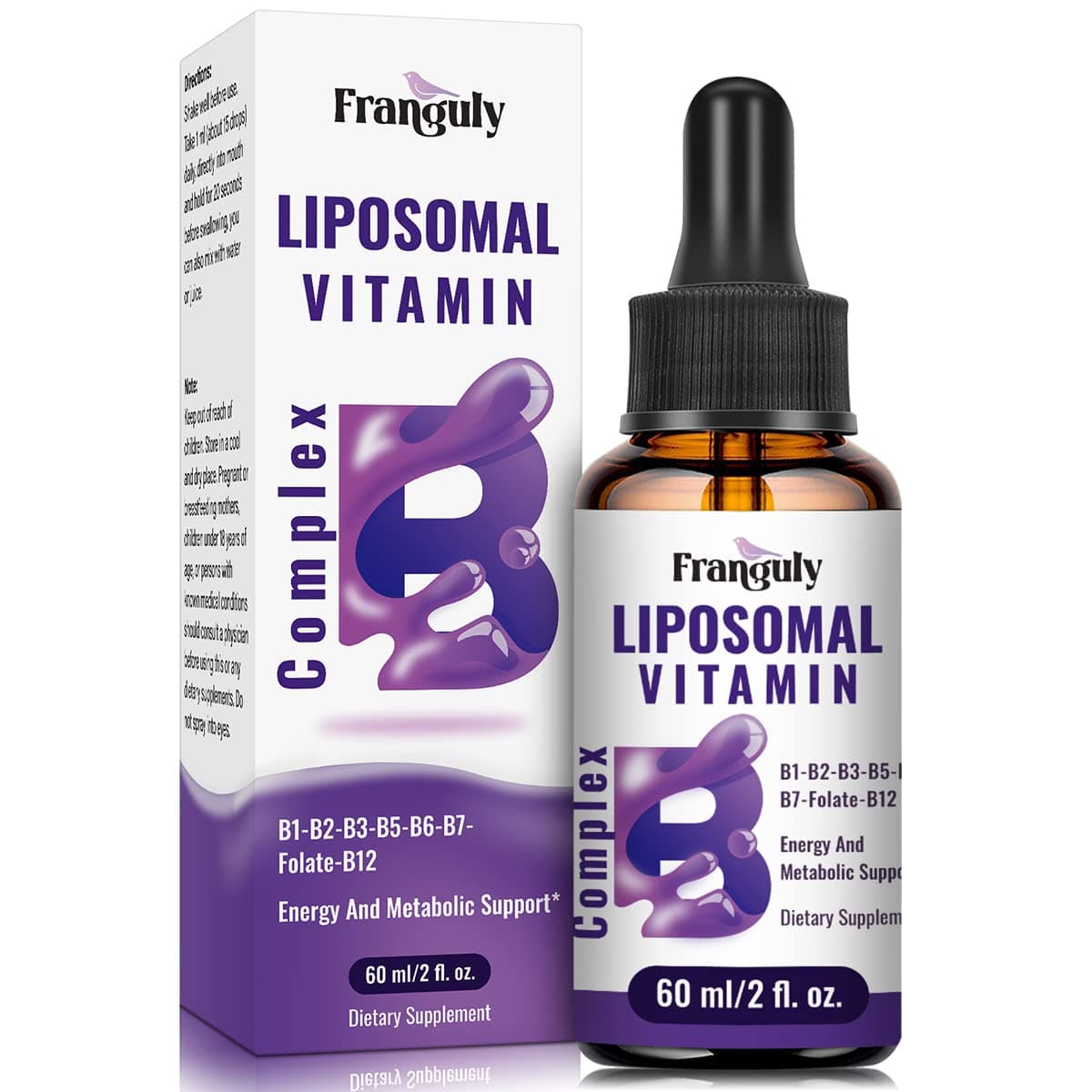 Liposomal Vitamin B Complex Liquid Sublingual B Complex Vitamins Supplement for Women Men Improved Absorption Methylated B12,B1, B2, B3, B5, B6,Folate,Biotin for Energy And Immune Support-2.0 oz