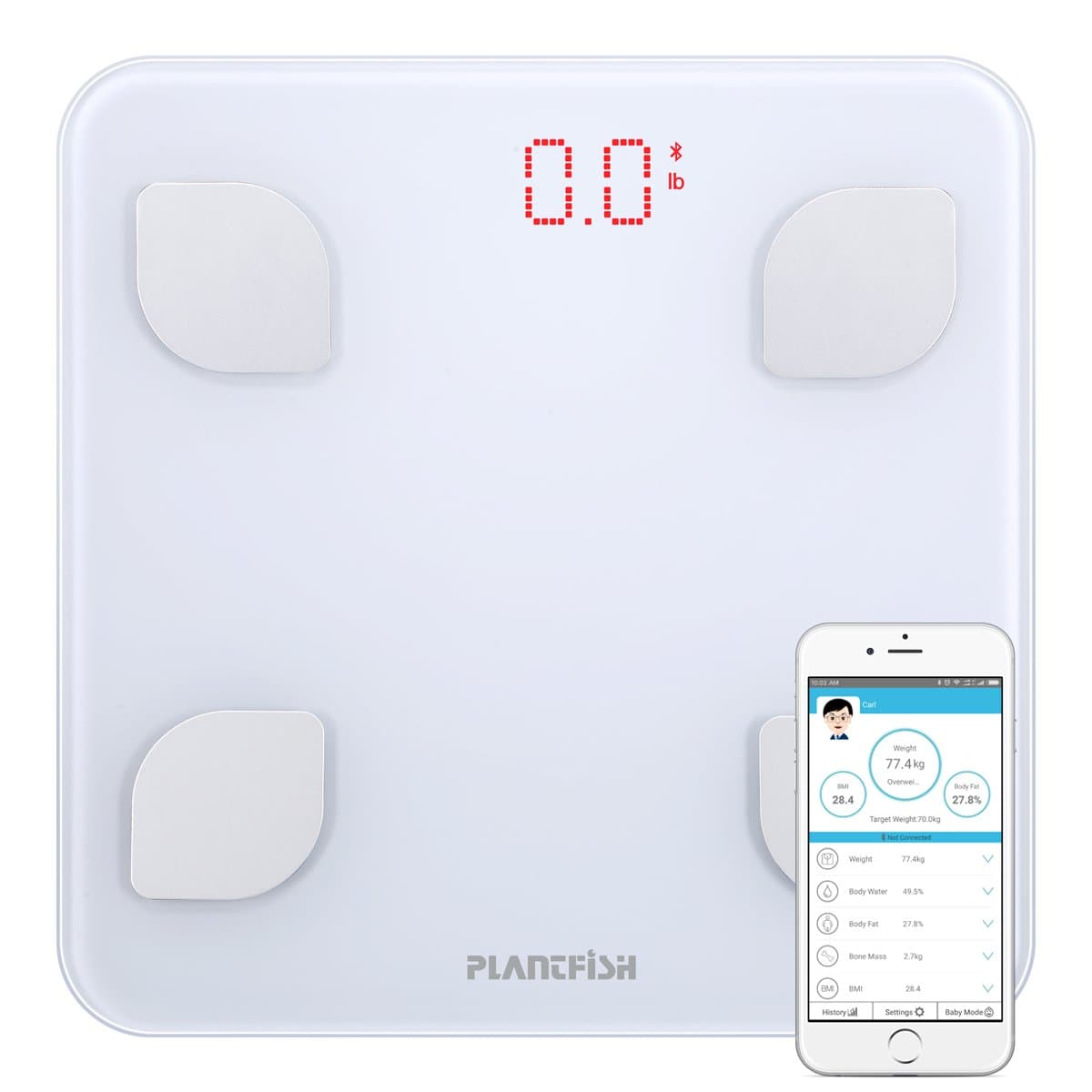 Body Fat Scale –8 Index body composition, Bluetooth 4.0 Connection, Compact Design, including 3xAAA battery, 1Year Warranty (White)