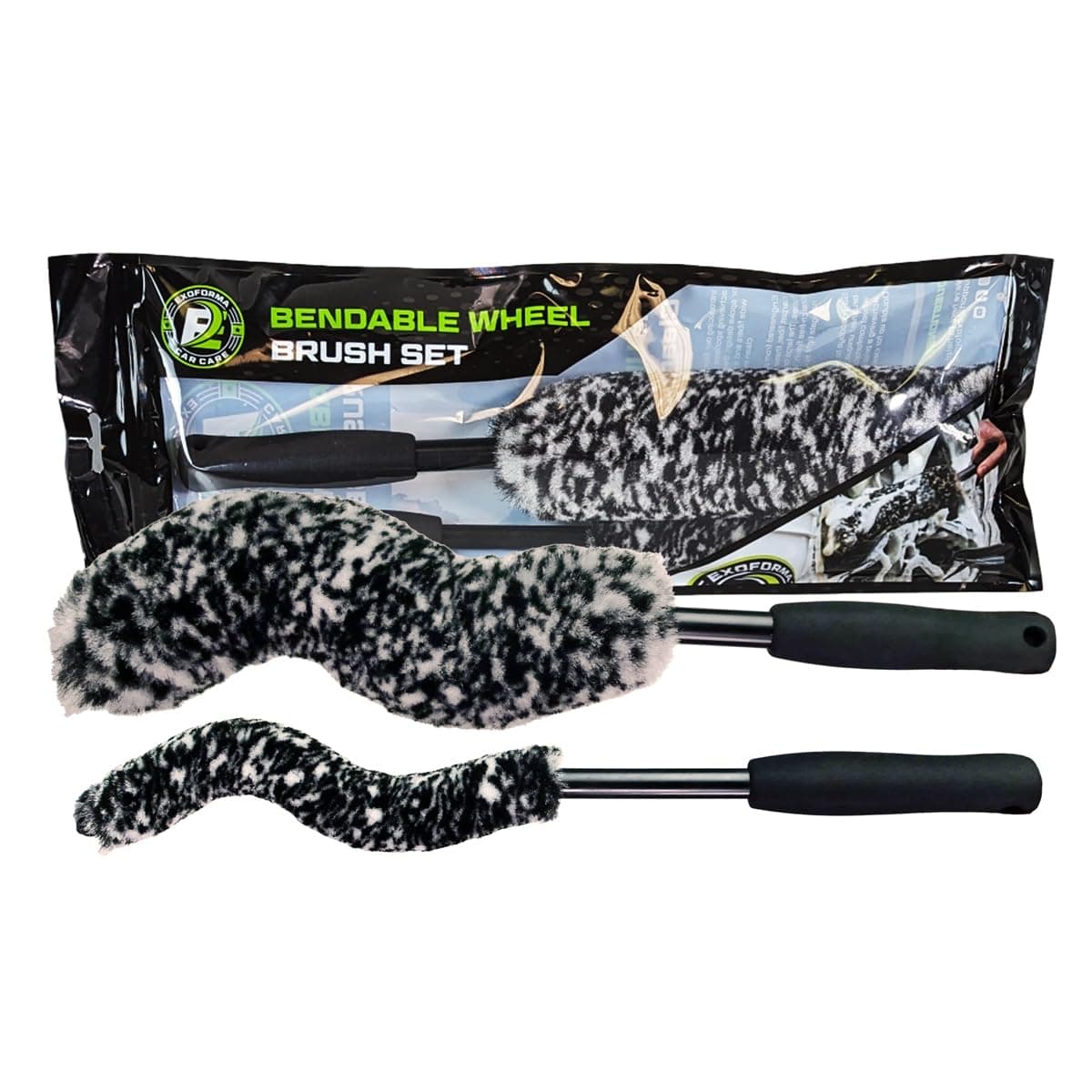 ExoForma Bendable Brush Set - Unique Adjustable 2-Piece Wheel Brush Set Cleans Behind Wheels - Tough Yet Gentle Wool Fiber + No-Scratch Rubber Tip Safe for All Wheel Types - Comfy Ergonomic Grip
