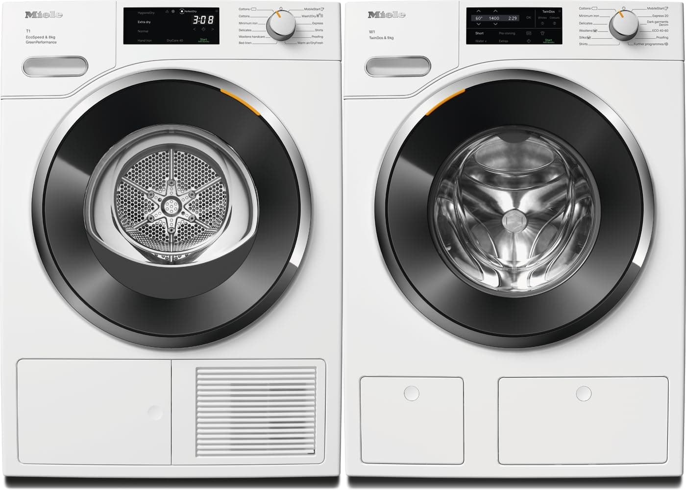 Miele Extra Quiet Washing Machine WWG 660 WCS, 9 kg, 1400 rpm Made in Germany and Miele Energy Efficient Heat-Pump Dryer TWF 760 WP EcoSpeed&Steam 8kg, Perfectly Dried Cloth