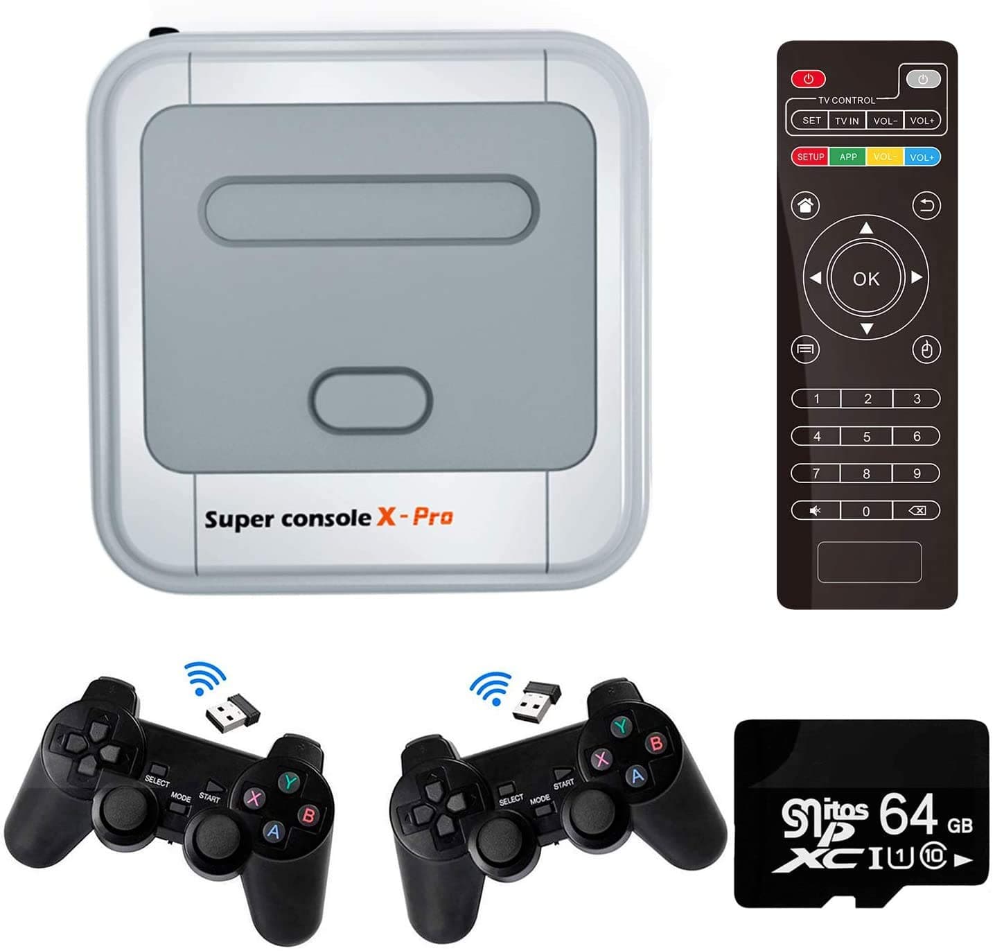 SNAKE Super Console X-Pro Video Game Console with 64GB SD Card, Built in 30,000+ Games, with 2 Wireless Gamepads, Game Consoles for 4K TV Support HDMI/AV Output, LAN/WiFi, Open Linux System