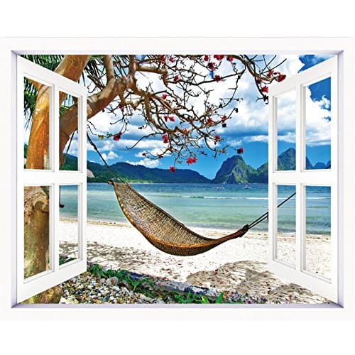 Leave the window-Leave Windows decorated with posters emulation window wall sticker 3D space 60*50cm town style, hammocks ocean ,60*50cm