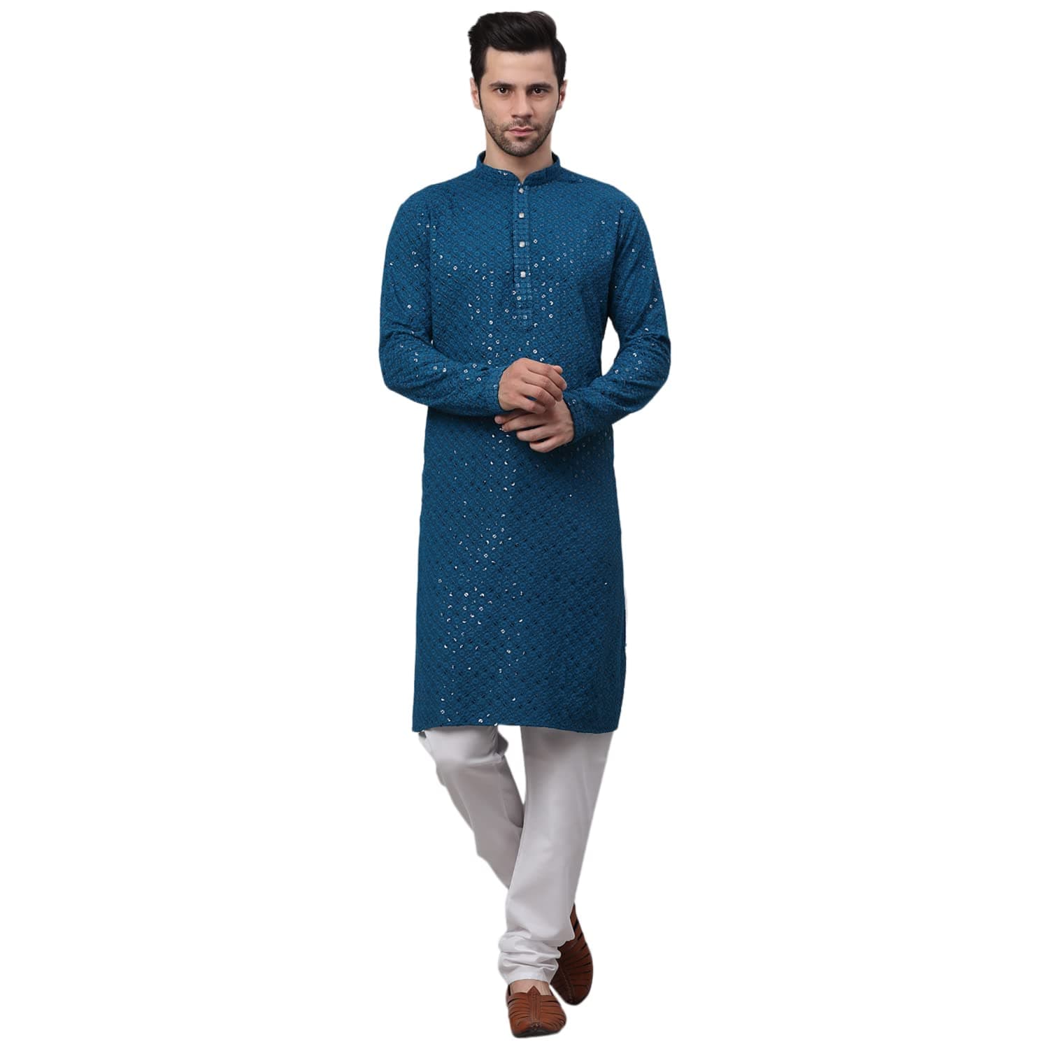Men Chikankari Embroidered and Sequence Kurta with Churidar