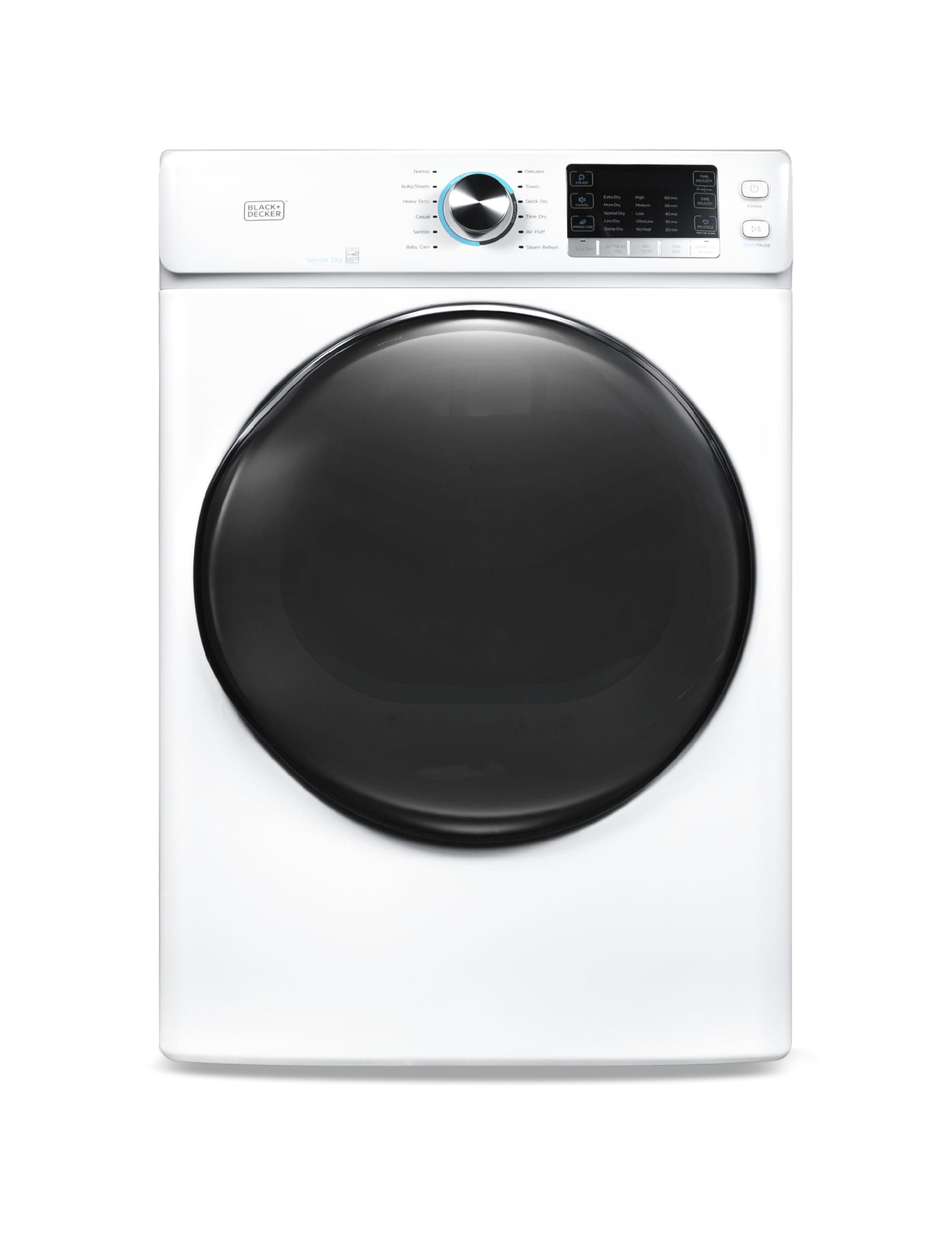 - BLACK+DECKER 8.0 Cu. Ft. Electric Front Load Dryer with Steam, Clothes Dryer with LED Display, 12 Cycle Selections, ENERGY STAR, 240V Machine Requires Professional Installation, BFLD80ME, White