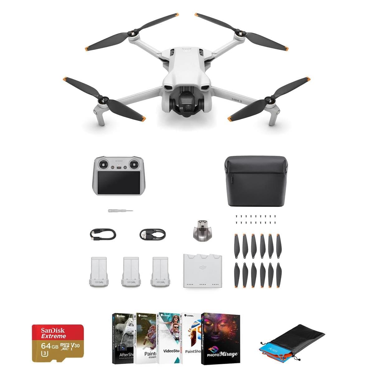 Mini 3 Drone Fly More Combo with RC Remote Controller Bundle with 64GB microSD Card, Corel PC Software Kit, Foldable Landing Pad