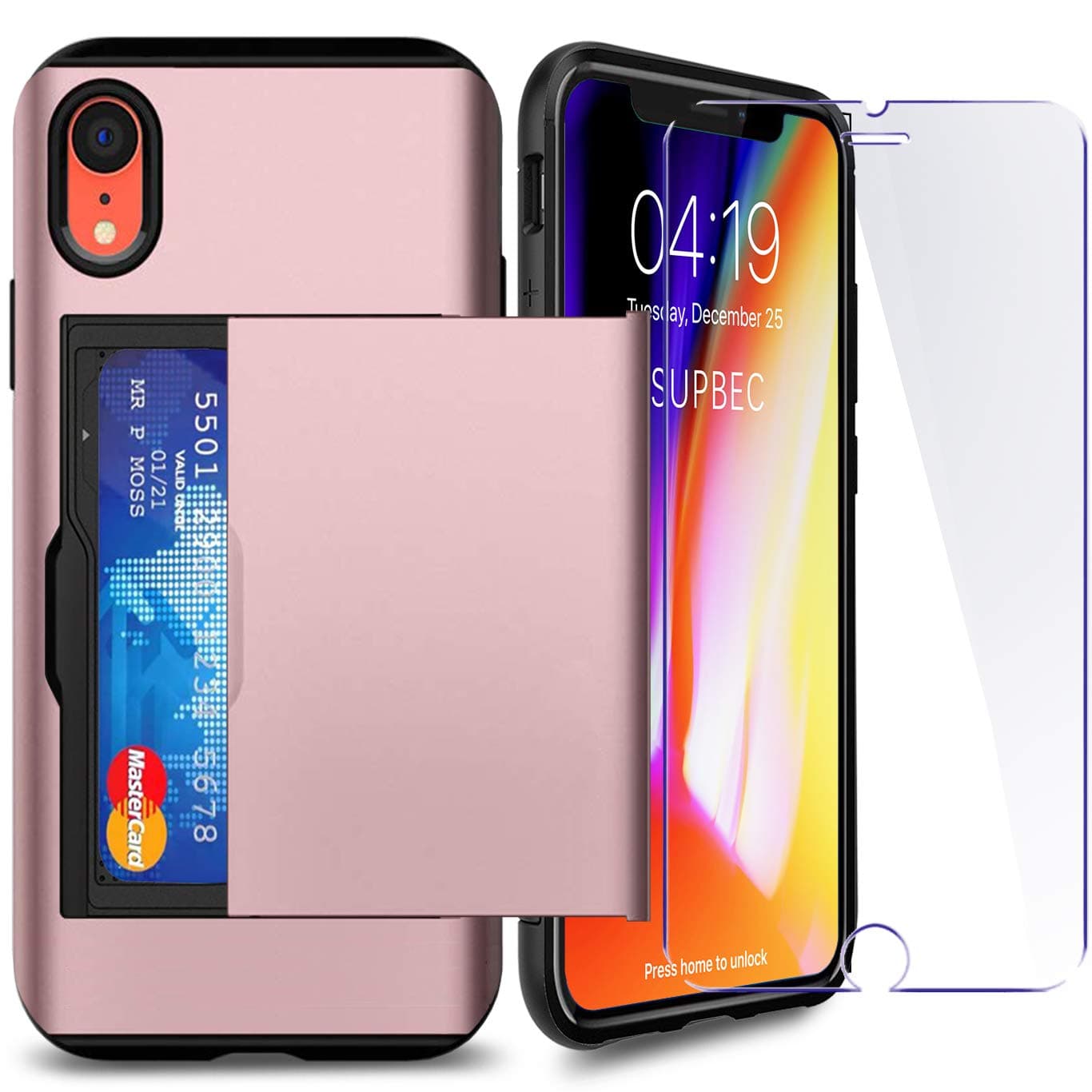 SUPBEC iPhone XR Case with Card Holder and[ Screen Protector Tempered Glass x2Pack] i Phone xr Wallet Case Cover with Shockproof Silicone TPU + Anti-Scratch Hard PC - Full Protective (Rose Gold)