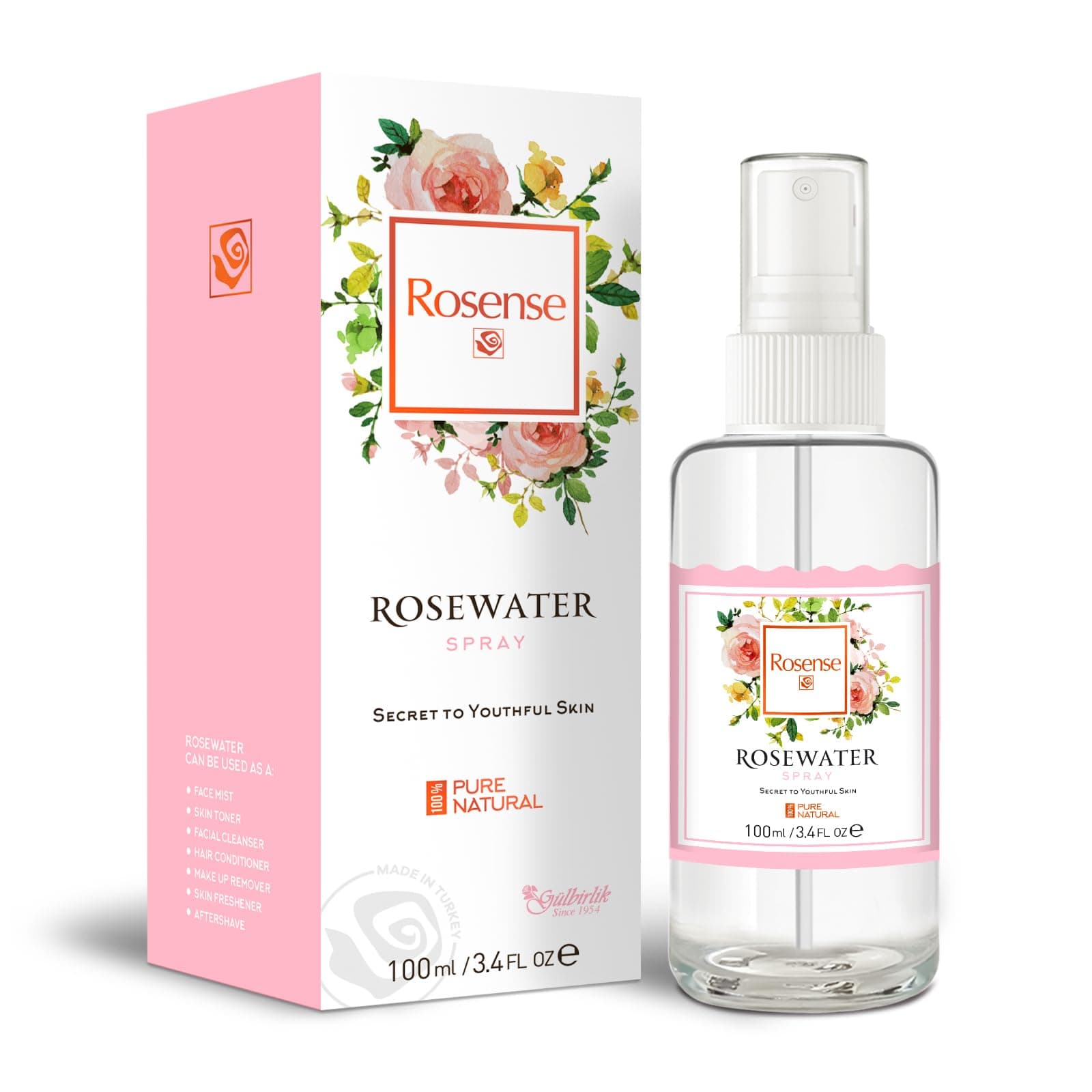 Glass Bottle Rosewater Hydrating Facial Toner/Rose Water Face Mist 3.4 Oz